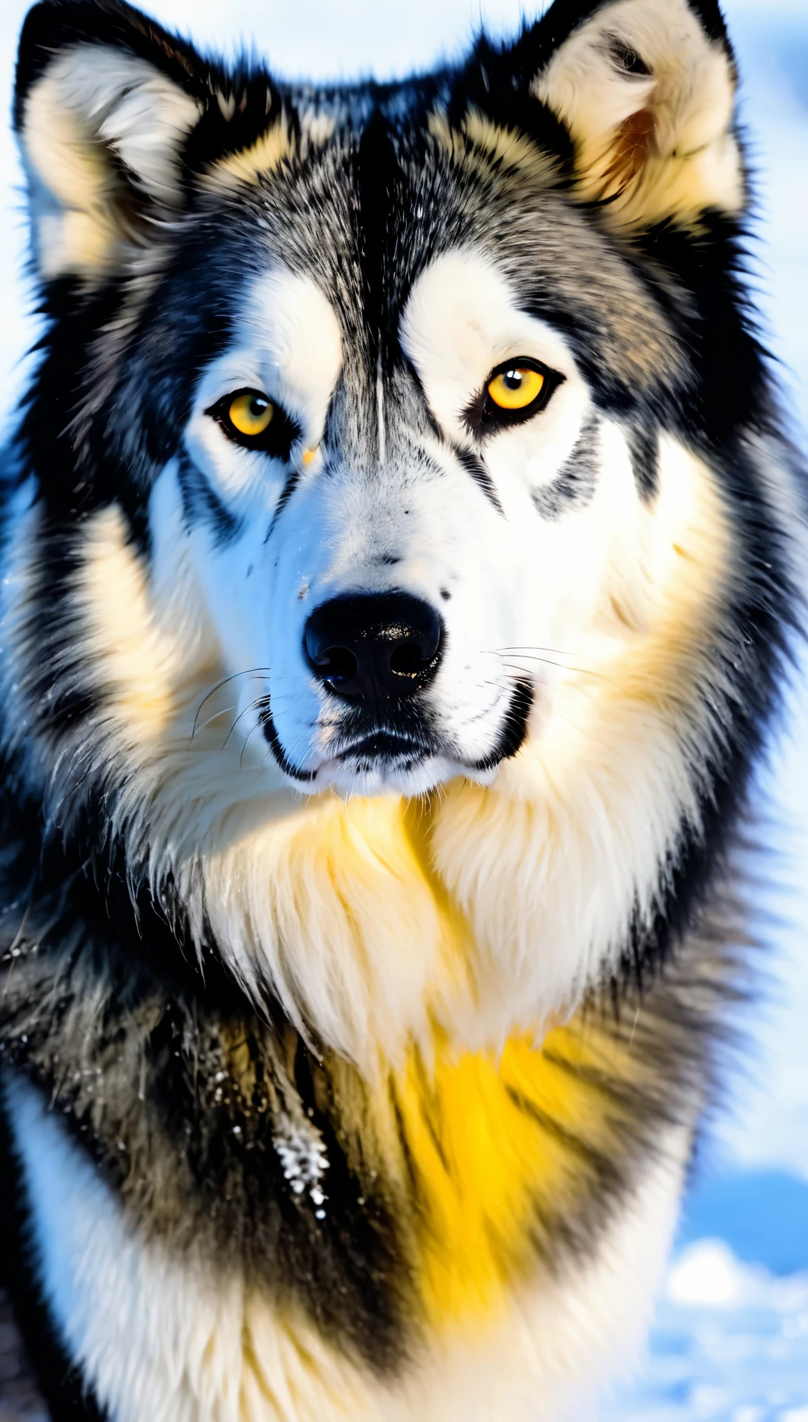 lobo preto olho amarelo na neve gelo