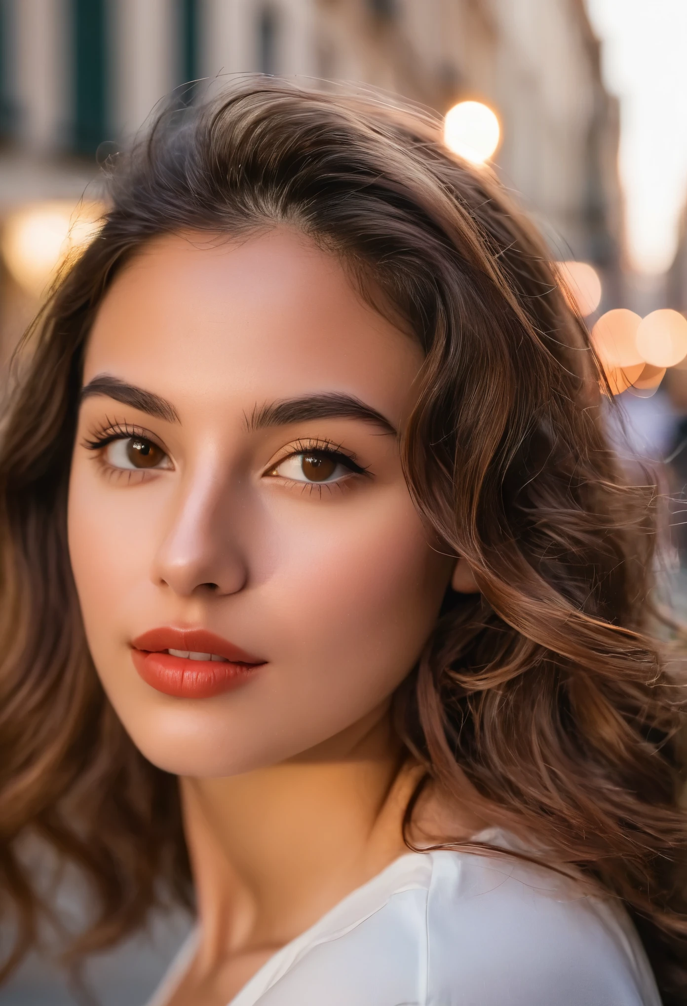 Portrait of an italian young woman in the heart of the bustling city during the golden hour using a DSLR with an 85mm prime lens, aiming for a dreamy and peaceful mood in a close-up shot with f/1.8 aperture, 1/320 sec shutter speed, and ISO 100 from a normal angle and eye line. Her long, wavy chestnut hair cascades down her back, framing her elegant features. Expressive brown eyes gazing directly at the viewer. Her rosy lips are parted slightly, revealing a hint of a playful smile. 