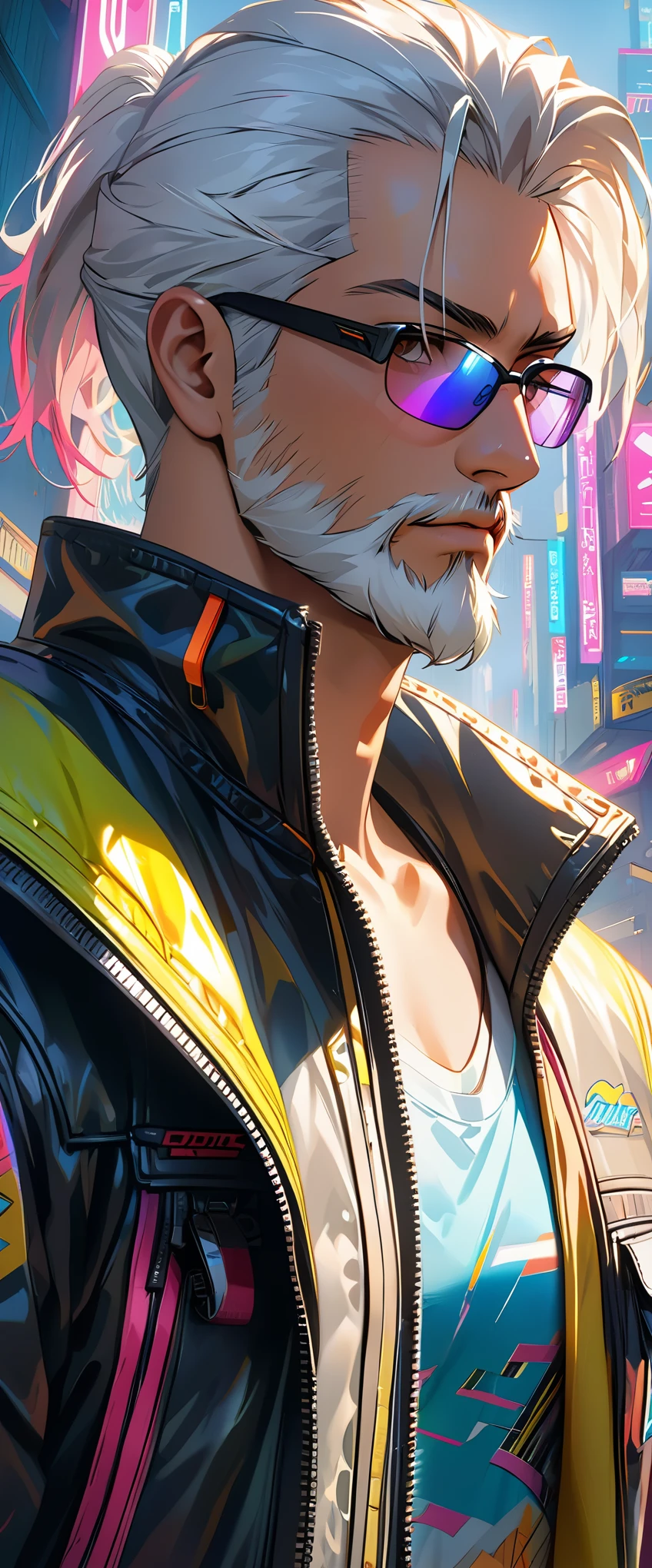 Raw 16k ultra high definition vibrant color masterpiece, 1.12), Describing the emotions captured in a close-up of a white-haired man's face, Perfect hair and glasses, With a neat white beard, Wearing《Cyberpunk 2077》gaming inspired jacket. The setting reflects the game's dystopian future environment, have《Cyberpunk 2077》Elements of Mid-City Characteristics.