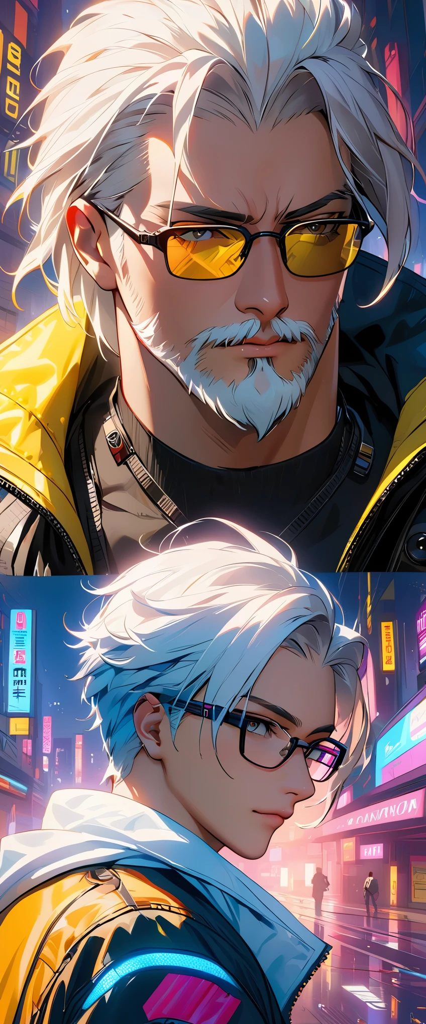 Raw 16k ultra high definition vibrant color masterpiece, 1.12), Describing the emotions captured in a close-up of a white-haired man's face, Perfect hair and glasses, With a neat white beard, Wearing《Cyberpunk 2077》gaming inspired jacket. The setting reflects the game's dystopian future environment, have《Cyberpunk 2077》Elements of Mid-City Characteristics.