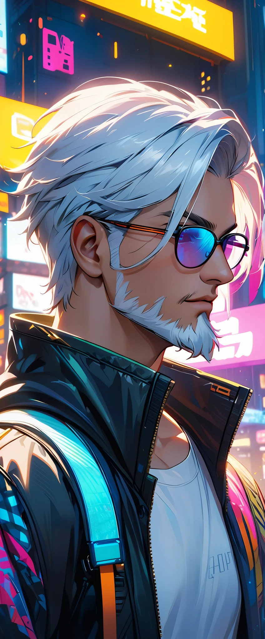Raw 16k ultra high definition vibrant color masterpiece, 1.12), Describing the emotions captured in a close-up of a white-haired man&#39;s face, Perfect hair and glasses, With a neat white beard, Wearing《Cyberpunk 2077》gaming inspired jacket. The setting reflects the game&#39;s dystopian future environment, have《Cyberpunk 2077》Elements of Mid-City Characteristics.
