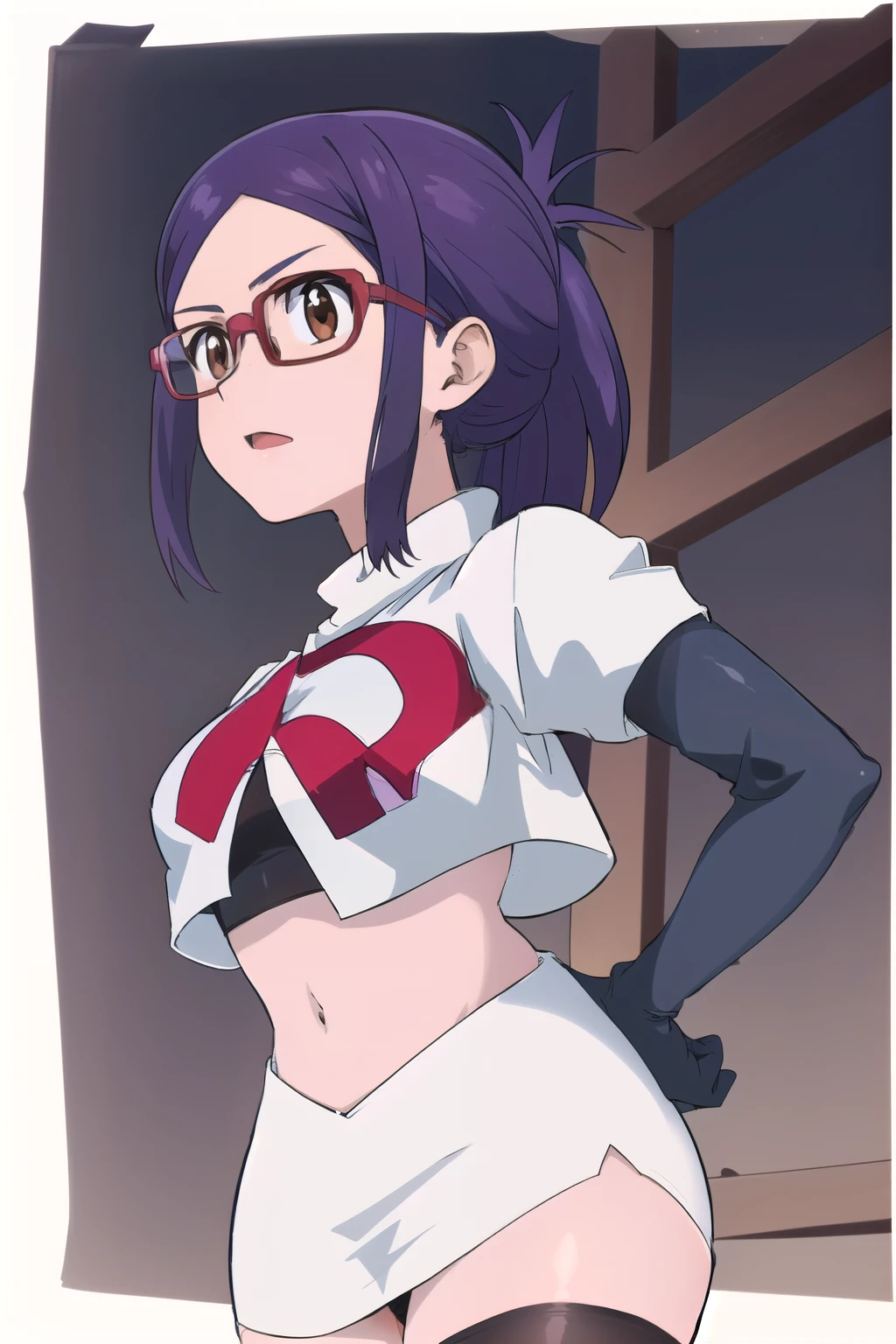 masterpiece, highres, 1girl, brown eyes,purple hair, AmiAsaiR4, glasses, portrait, (white background) , ponytail, team rocket,team rocket uniform,white skirt,red letter R,crop top,black thigh-highs,black elbow gloves