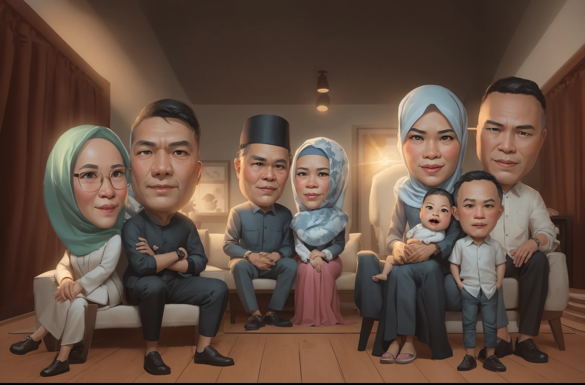 arafed family portrait of a family sitting on a couch, in cartoon style, woman hijab, caricature illustration, caricature style, realistic cartoon, cinematic lighting, caricature, potrait, an indonesian family portrait, family portrait, barong family, digital art cartoon, cartoon art, happy family, full protrait, by Abidin Dino, family, cartoon portrait, detailed cartoon, cartoon style illustration