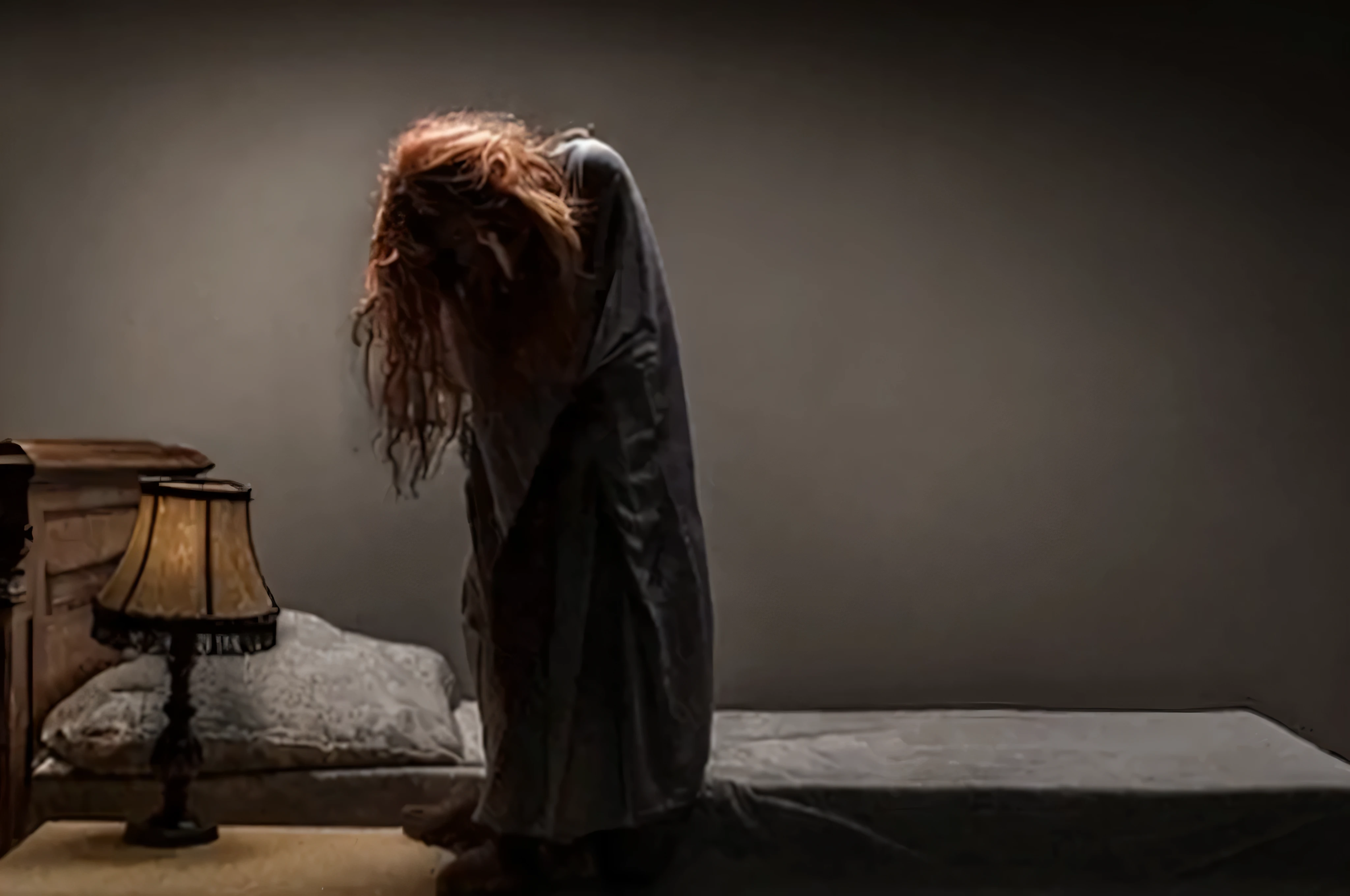 There is a woman standing on a bed in a dark room - SeaArt AI