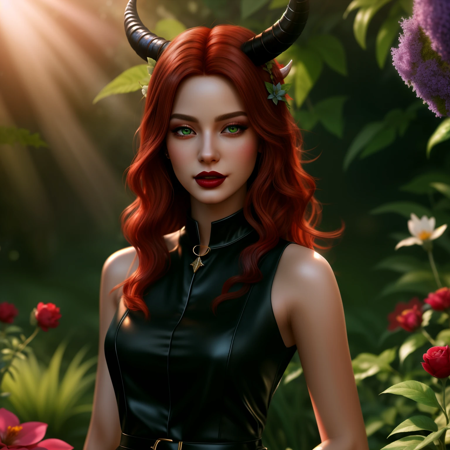 a pretty female tiefling with two big devil horns on head, red eyes, full body,detailed eyes, detailed lips, long eyelashes,beautiful skin, unique facial features,dark lipstick,fire-red hair, wearing a stylish and elegant black dress, standing in a lush green garden surrounded by vibrant flowers, sunlight casting a warm glow on her face, artistic illustration, high-resolution (best quality, 4k, highres), ultra-detailed, realistic, fantasy art style, vibrant colors, soft and ethereal lighting.
