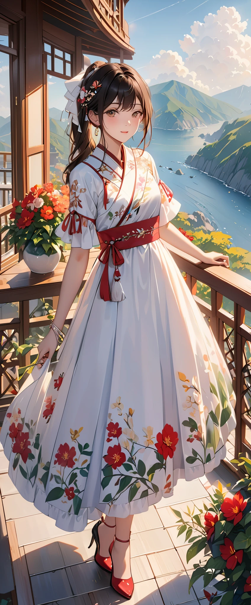 (actual:1.5),(original photo:1.4), (lifelike:1.3),(masterpiece), best quality, best quality, Extremely detailed CG unified 8k wallpaper, Detailed and complex, The original,high resolution, [:(Detailed face:1.2):0.2],film grain, Fuji XT3, (High detail skin:0.9), 8k,(ulzzang-6500:0.9), balcony, rock show!!, faint smile, split, Detailed gradient background, whole body, Sunlight,slim,Very beautiful dress,beautiful hand shape, whole body