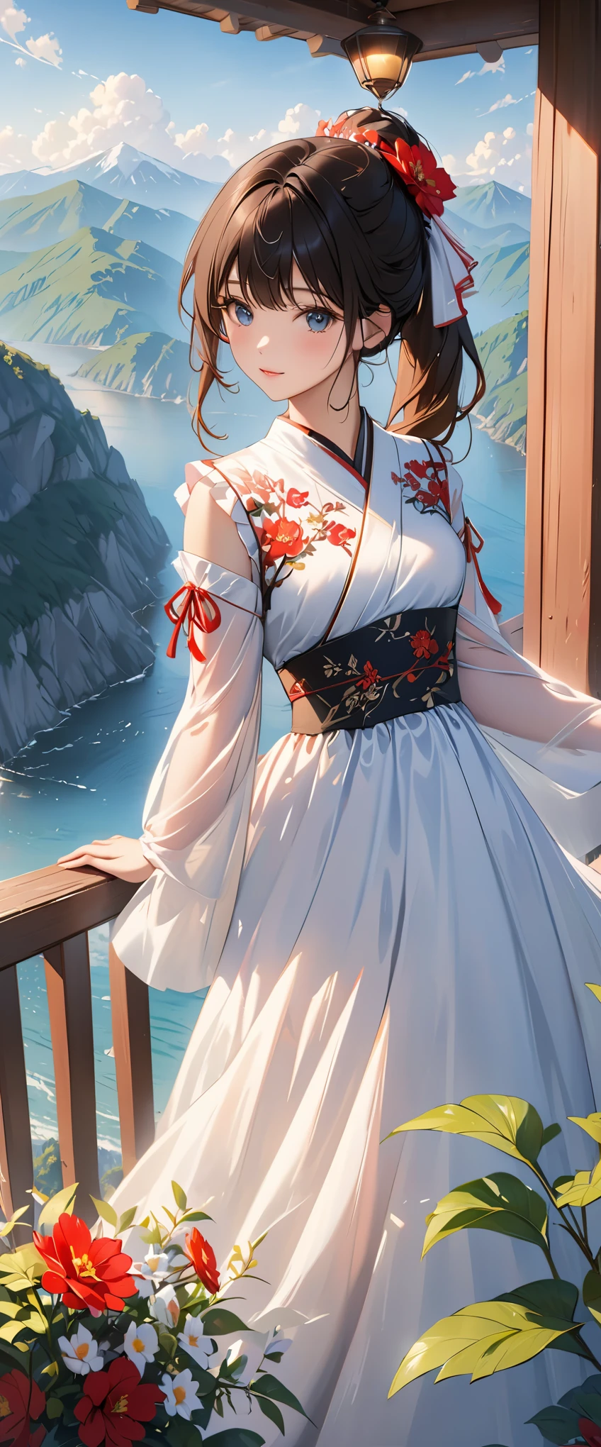 (actual:1.5),(original photo:1.4), (lifelike:1.3),(masterpiece), best quality, best quality, Extremely detailed CG unified 8k wallpaper, Detailed and complex, The original,high resolution, [:(Detailed face:1.2):0.2],film grain, Fuji XT3, (High detail skin:0.9), 8k,(ulzzang-6500:0.9), balcony, rock show!!, faint smile, split, Detailed gradient background, whole body, Sunlight,slim,Very beautiful dress,beautiful hand shape, whole body