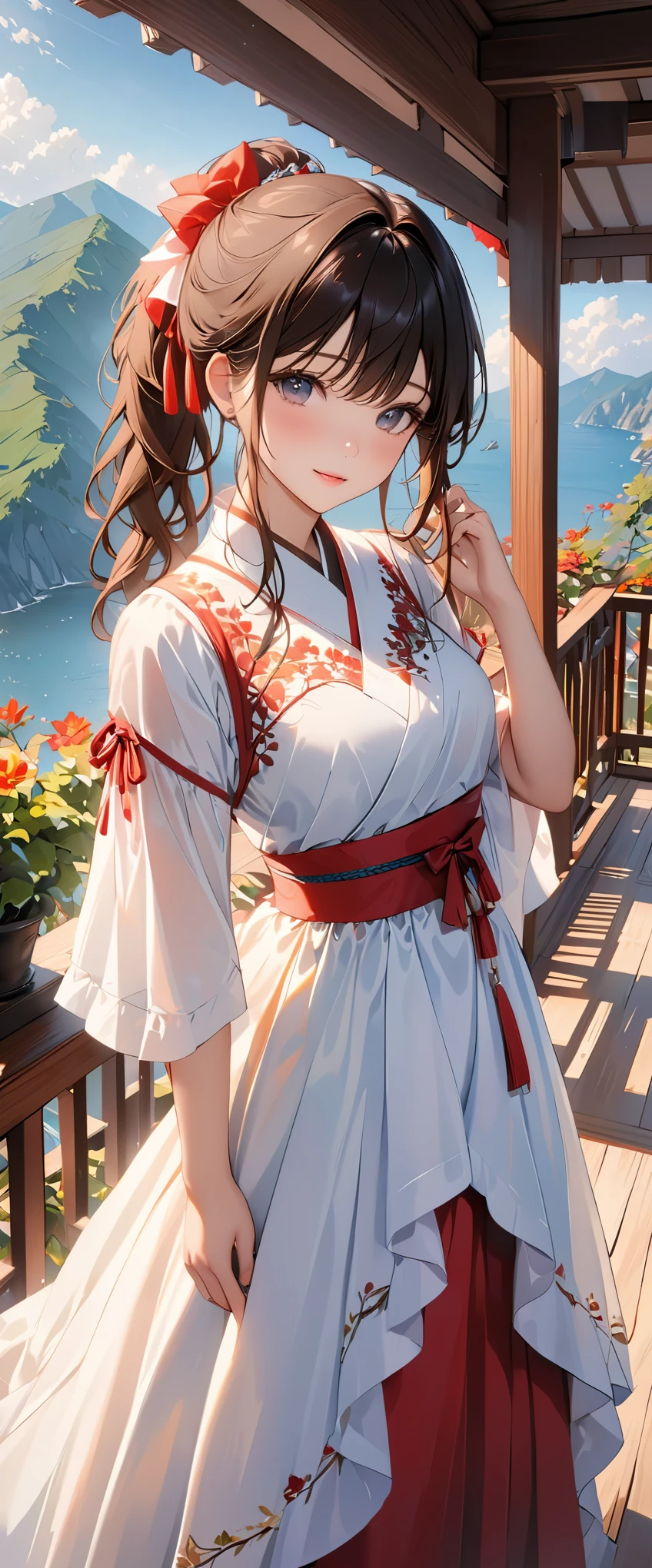 (actual:1.5),(original photo:1.4), (lifelike:1.3),(masterpiece), best quality, best quality, Extremely detailed CG unified 8k wallpaper, Detailed and complex, The original,high resolution, [:(Detailed face:1.2):0.2],film grain, Fuji XT3, (High detail skin:0.9), 8k,(ulzzang-6500:0.9), balcony, rock show!!, faint smile, split, Detailed gradient background, whole body, Sunlight,slim,Very beautiful dress,beautiful hand shape, whole body