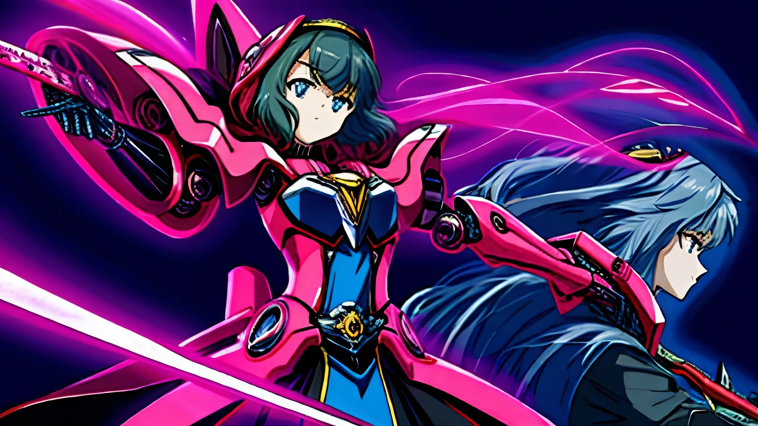 1 garota, cabelo longo rosa, coques dos 2 lados, olhos totalmente pretos, olhar sombrio, rindo, rage, feroz, pose de batalha, curvas leves, arma mecha cor rosa, detalhes, armadura mecha cor rosa, segurando pink mechanical sword, pink mechanical sword, fundo dark, detalhes, 8k,