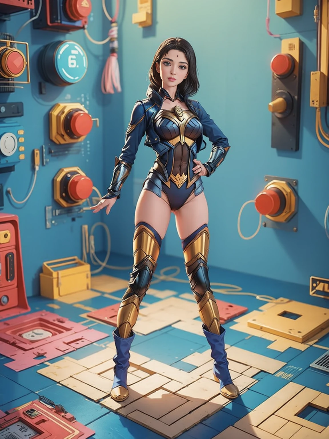 ((Full body photo,standing, feet on the ground))1girl, solo, ((leotard, bare legs)), boots, standing, hands on hip, Wonder Woman