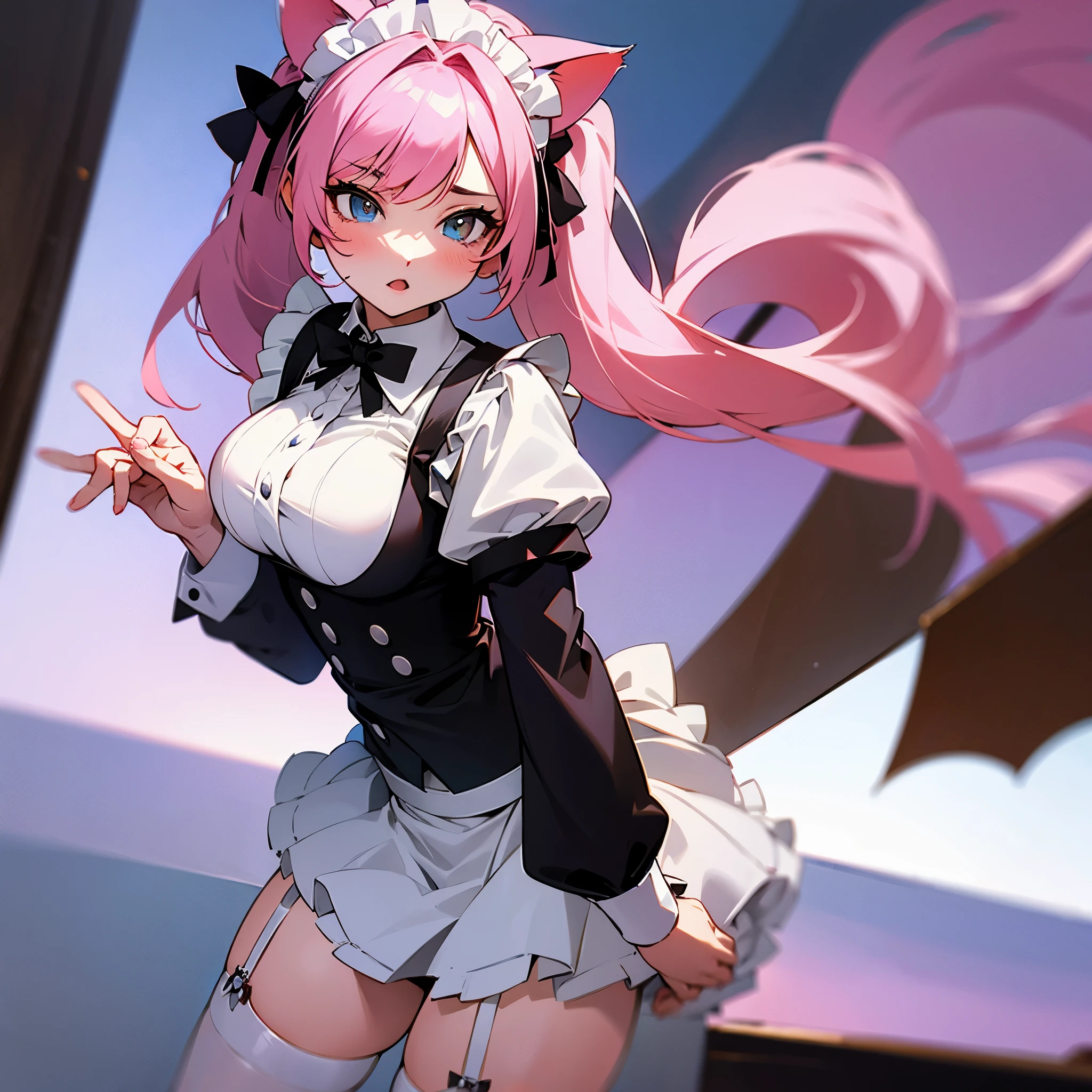 Cat ear,Maid clothes,garter belt,twin tails,pink hair color,big breasted beautiful girl