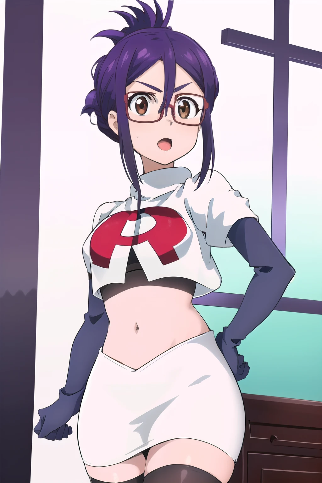 masterpiece, highres, 1girl, brown eyes,purple hair, AmiAsaiR4, glasses, portrait, (white background) , ponytail, team rocket,team rocket uniform,white skirt,red letter R,crop top,black thigh-highs,black elbow gloves