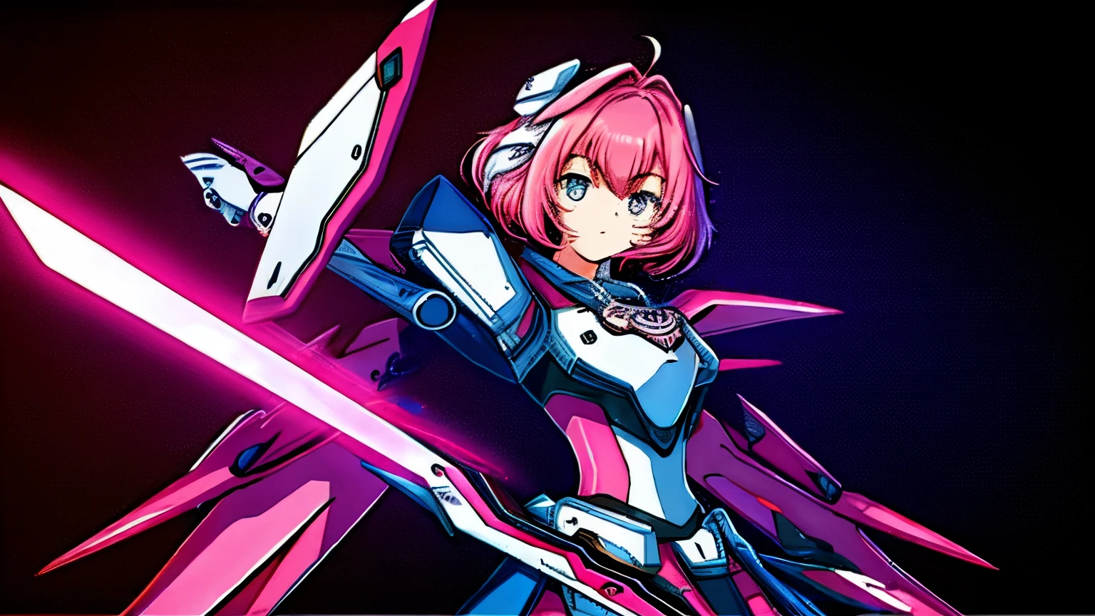 1 garota, cabelo longo rosa, coques dos 2 lados, olhos totalmente pretos, olhar sombrio, rindo, rage, feroz, pose de batalha, curvas leves, arma mecha cor rosa, detalhes, armadura mecha cor rosa, segurando pink mechanical sword, pink mechanical sword, fundo dark, detalhes, 8k,