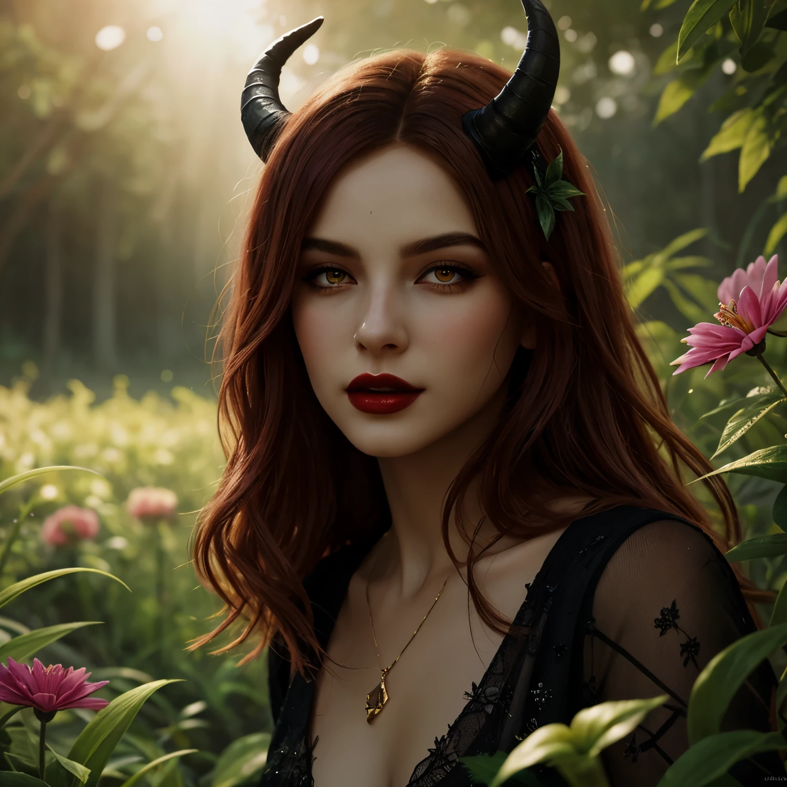 a pretty female tiefling with two big devil horns on head, red eyes, full body,detailed eyes, detailed lips, long eyelashes,beautiful skin, unique facial features,dark lipstick,fire-red hair, wearing a stylish and elegant black dress, standing in a lush green garden surrounded by vibrant flowers, sunlight casting a warm glow on her face, artistic illustration, high-resolution (best quality, 4k, highres), ultra-detailed, realistic, fantasy art style, vibrant colors, soft and ethereal lighting.