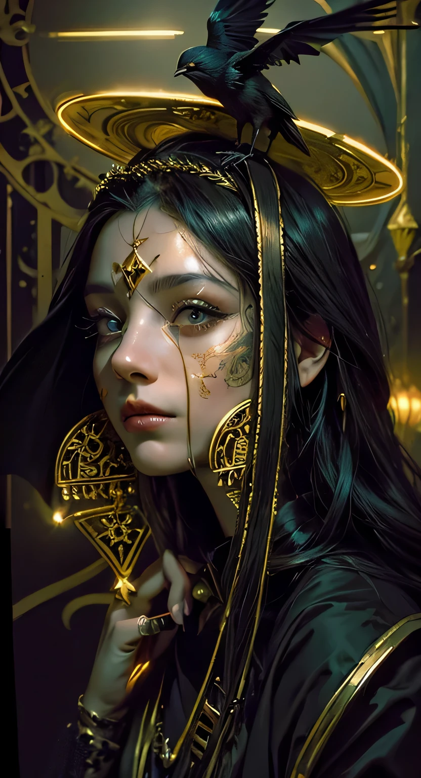 a closeup of a woman with a bird on her head, in dark robes with gold details, Neoartcore y Charlie Bowater, charlie bowater art style, un impresionante retrato de una diosa, Dark fantasy portrait, estilo de charlie bowater, in style of dark fantasy art, pintado en el estilo arcano, in bowater artistic style