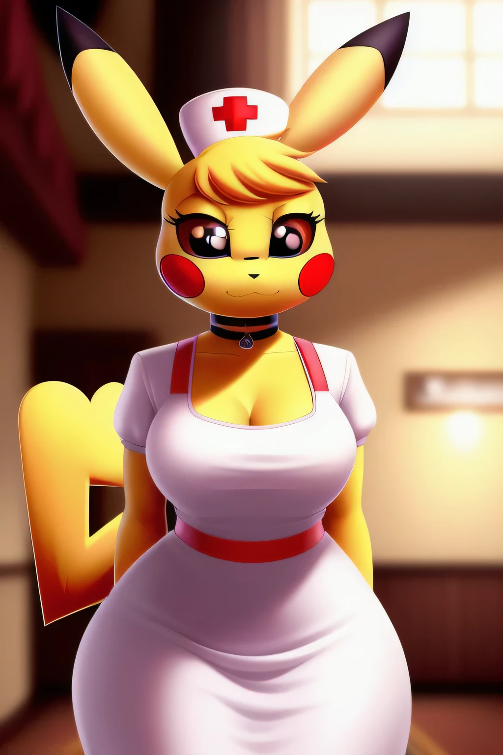 pikachu. (insanely detailed, beautiful detailed face, Masterpiece, detailed eyes, Best quality. small saggy breasts. huge hips. nurse dress. choker. (Very High Definition. 8K).