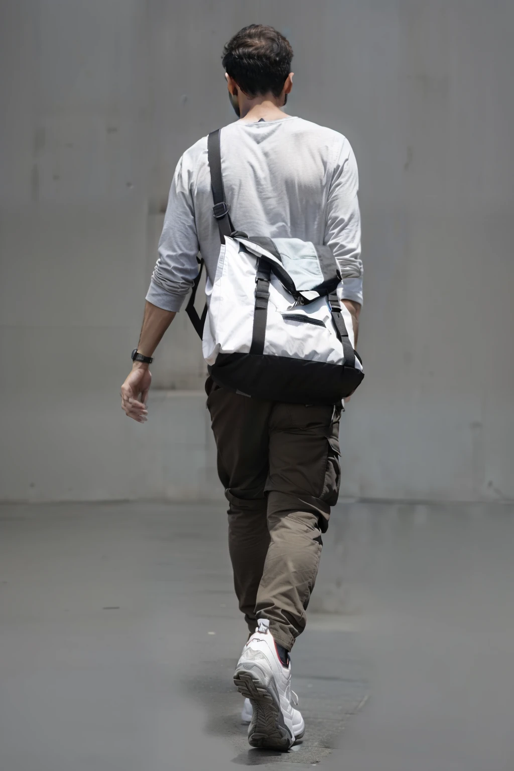 arafed man walking with a bag and a drink in his hand, man walking, confess photo, a man wearing a backpack, rendering, Carrying a big bag, bag, man walking through city, high contrast, confess shot, casual streetwear, loose, confess, He is holding a black briefcase, hyper-realistic style, wearing a loose