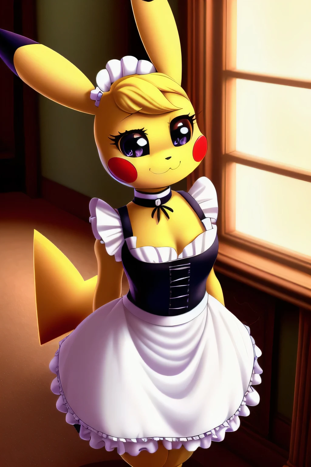 pikachu. (insanely detailed, beautiful detailed face, Masterpiece, detailed eyes, Best quality. small saggy breasts. huge hips. maid dress. choker. (Very High Definition. 8K).