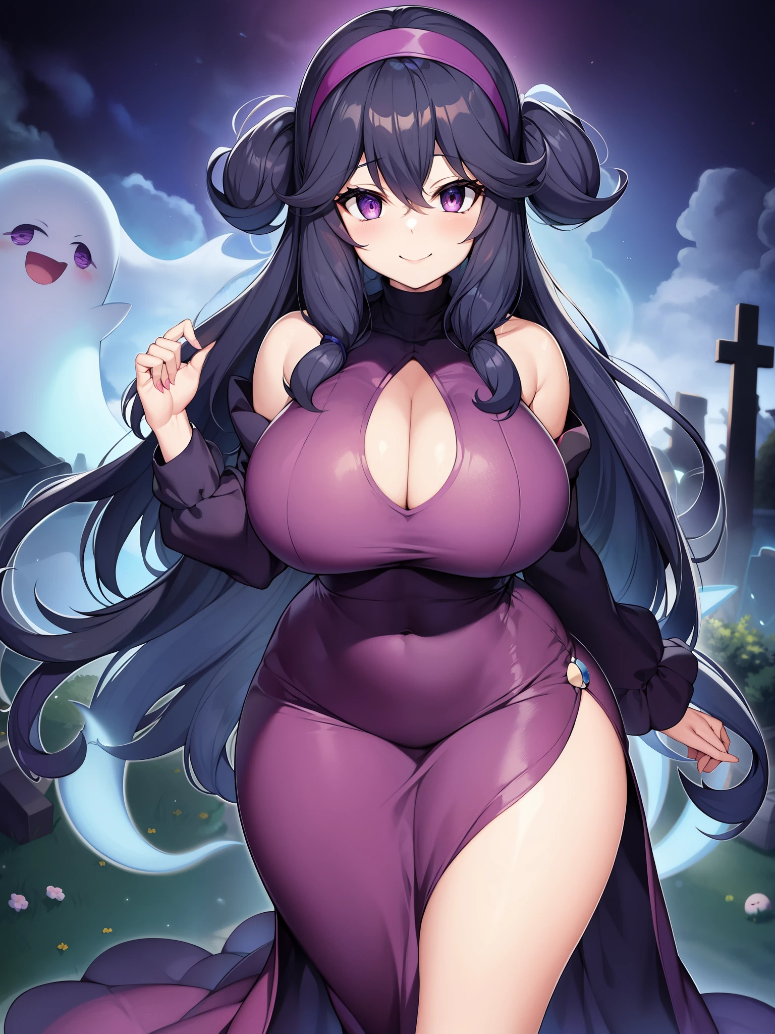 Pokémon、horror、ruins、ghost town、cemetery、occult mania、ghost type pokemon trainer、big tits milf、big tits milf、big tits milf、negative thoughts、Social withdrawal、Menhera woman、whole body、hexagon maniac、dark purple hair、long hair、(((messy hair)))+++、Ahoge、purple headband、black eye、big breasts、smile、(不気味なsmile)、Purple long dress、long sleeve axi dress)