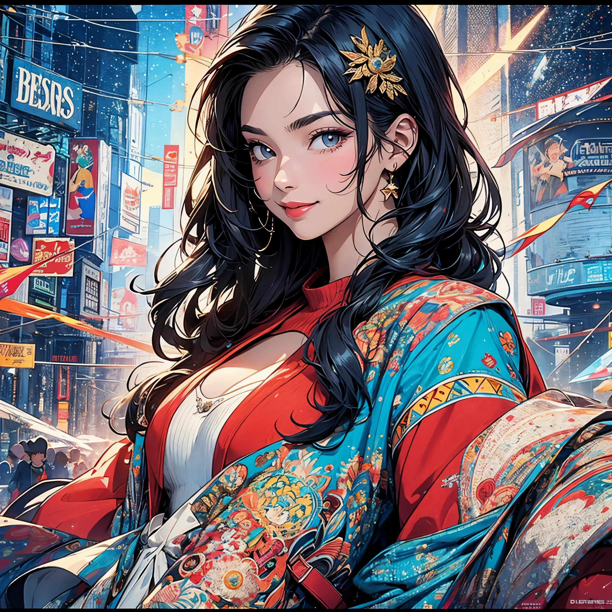 (masterpiece, highest quality), 32K,(highly detailed beautiful woman), poster,SF,1960s,1970s,bauhaus, shape, abstract,movie poster, vintage,retro,futuristic anime,ultimate map,highlight,highly detailed glowing eyes,cleavage,complicated pattern,Stylish hairstyle,ruby red clothes,Starry Sky,perfect provocative smile,
