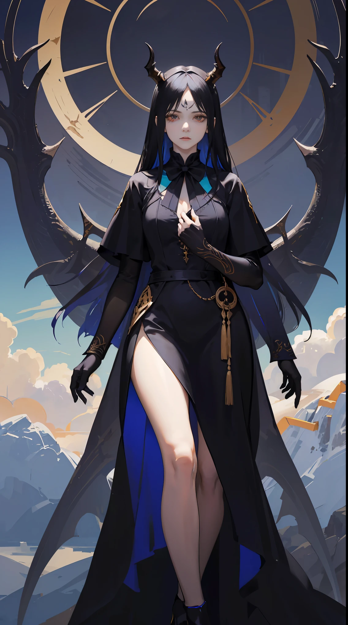 Seven Rhaeyar, Ancient Star goddess, Perfect female anatomy (Adult Female, 166cm in height, pale skin, slim, slender, 34D breast size, Dark Orange Eyes with beautiful details, Long Straight Black Hair, Beauty Mark Mole on right cheek bone, a set of black horns on her head), Neutral facial expression, Elegant white dress with black bow tie, blue coat knee length, dragon motifs, gold and rope accessories, View of the open blue sky with only clouds, receiving light from the front, Ethereal glow