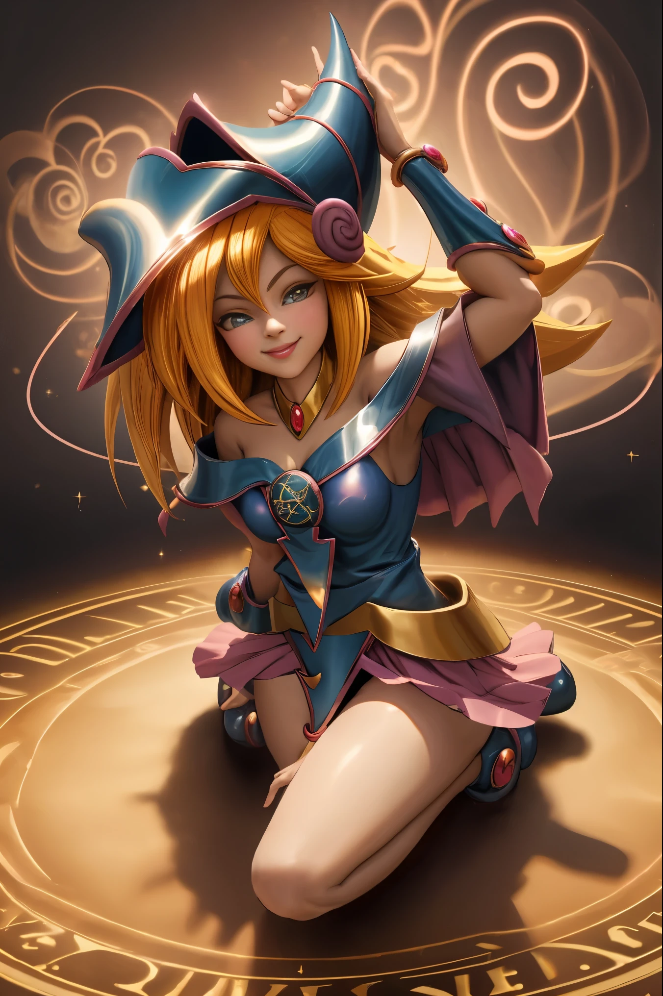 Dark magician gils en el aire, she comes out of a magic circle of the heart. Magic hearts background. Sonrisa en sus labios. Ojos celestes. Cabello dorado. Pose sensual. Levitando en una pie.