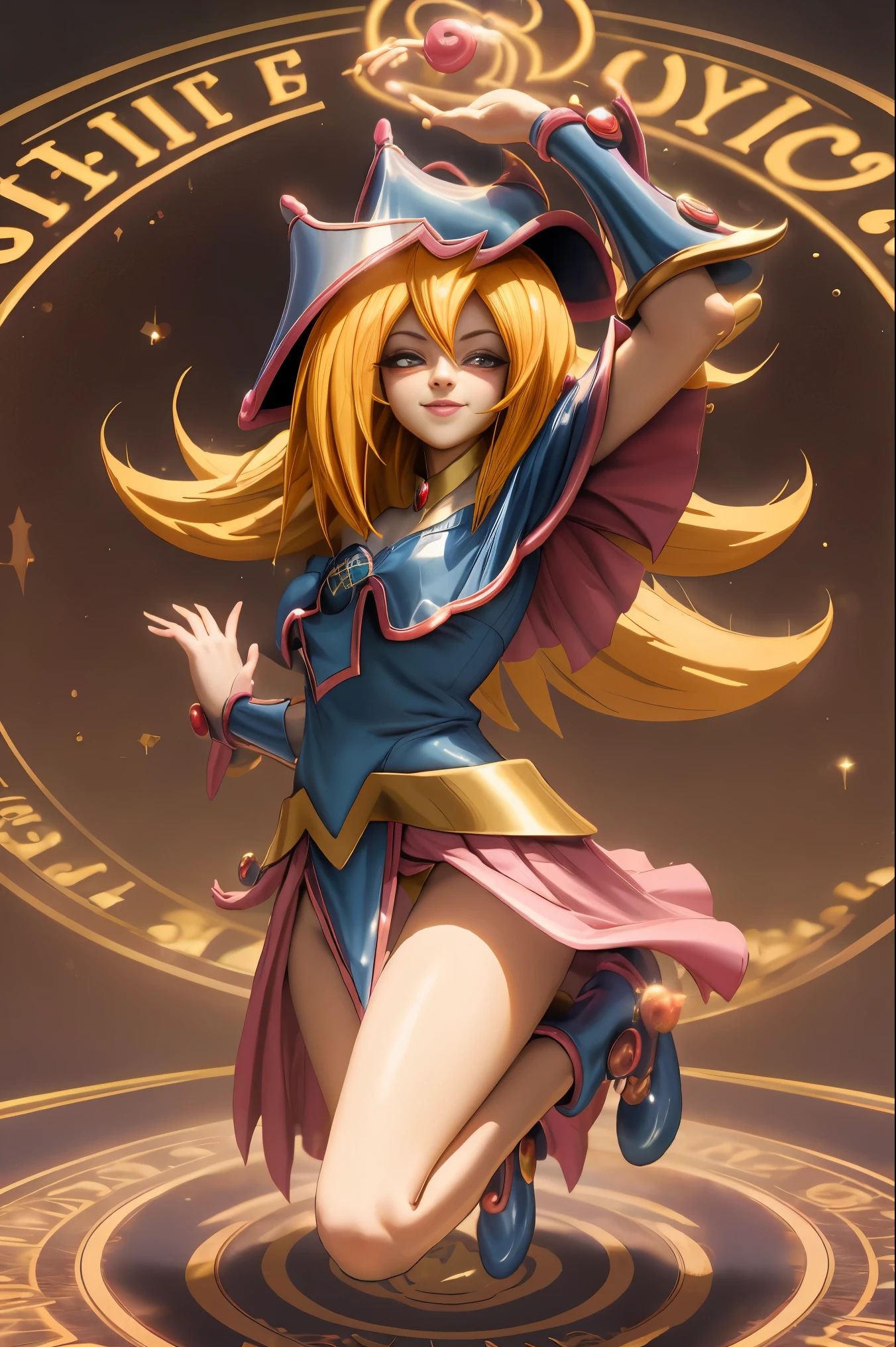 Dark magician gils en el aire, she comes out of a magic circle of the heart. Magic hearts background. Sonrisa en sus labios. Ojos celestes. Cabello dorado. Pose sensual. Levitando en una pie.