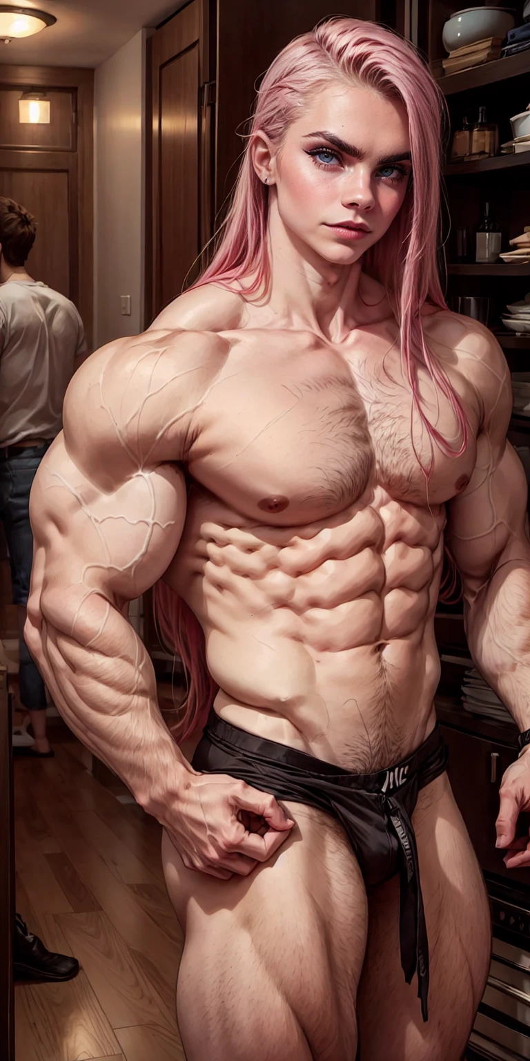 (1 girl), (cara delevingne), young girl, masculine physique, seductive face, seductive look, long pink hair, perfect muscular body, super skinny legs, naked, sissy, femboy, (huge muscular arms:1.25),