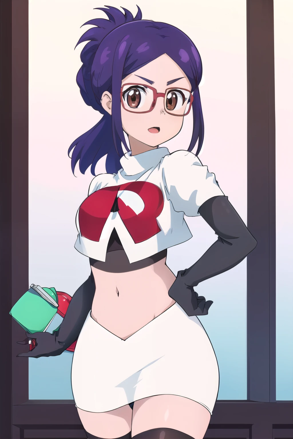 masterpiece, highres, 1girl, brown eyes,purple hair, AmiAsaiR4, glasses, portrait, (white background) , ponytail, team rocket,team rocket uniform,white skirt,red letter R,crop top,black thigh-highs,black elbow gloves