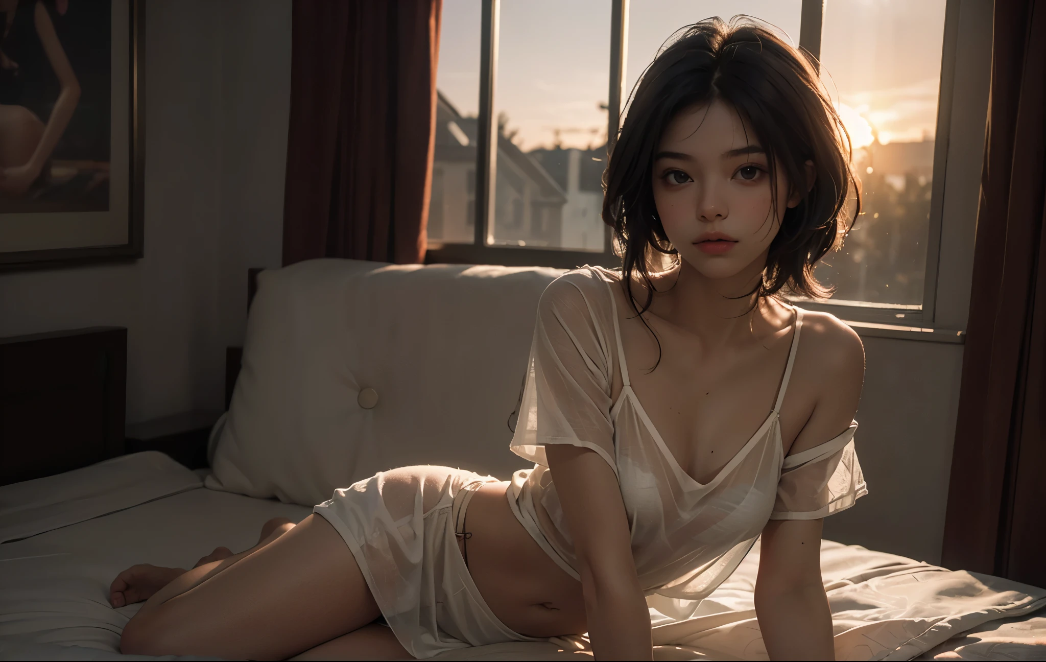 1 girl, Best quality, masterpiece, ultra high res, (photorealistic:1.4), raw photo, 1girl, see through spaghetti strap shirt, cinematic lighting, half body view, half body shot, bedroom, by the window, orange sunset light reflects on hair, nude but covered by blanket,
