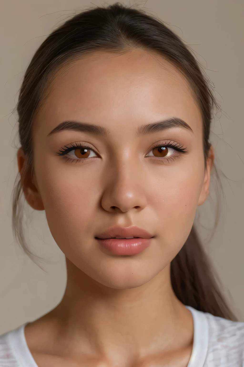 (very detailed face:1.4), Hyperrealistic ,realistic texture, photo of a well-groomed, very beautiful Kazakh woman, European appearance, natural beauty, neat beautiful lips, mole on her neck, 23 years old, A student, bust size 3, black hair, black perfect eyes, White T-shirt, a slim body, daylight, outdoor photographs, a little makeup, The most realistic photo, face close up,