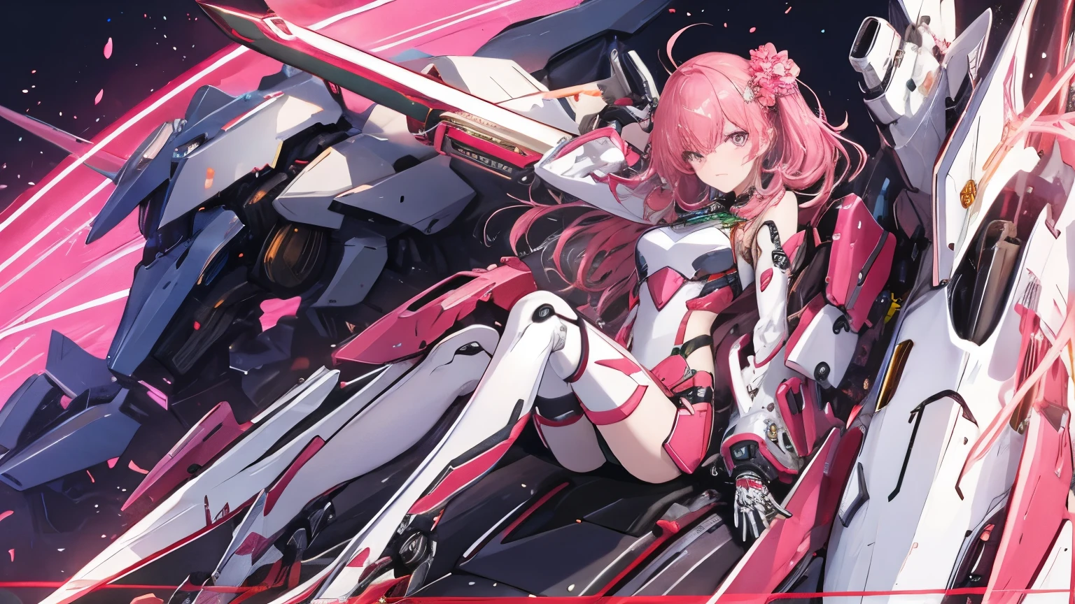 1 garota, cabelo longo rosa, coques dos 2 lados, olhos totalmente pretos, olhar sombrio, rindo, rage, feroz, pose de batalha, curvas leves, arma mecha cor rosa, detalhes, armadura mecha cor rosa, segurando pink mechanical sword, pink mechanical sword, fundo dark, detalhes, 8k,