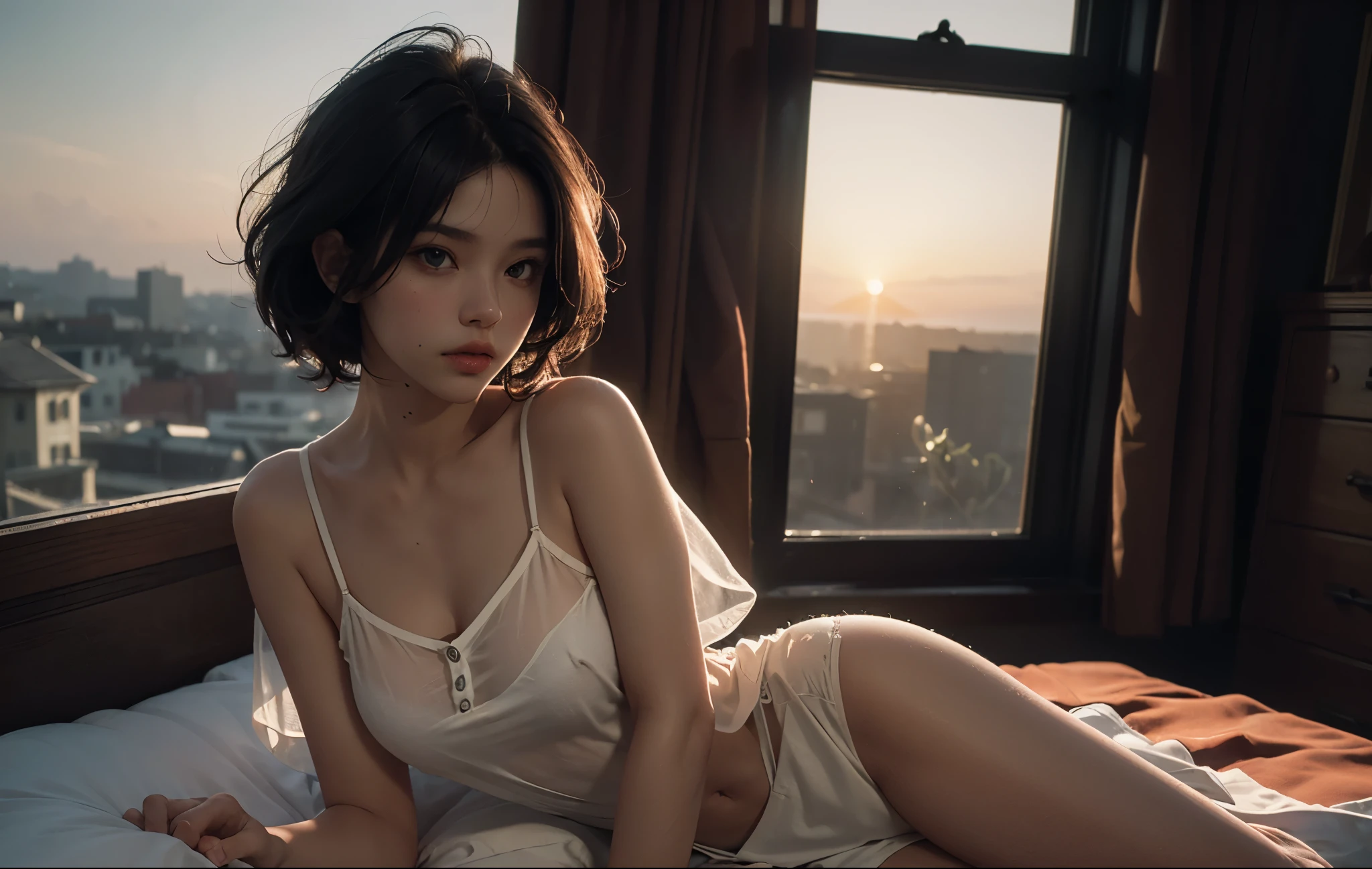 1 girl, Best quality, masterpiece, ultra high res, (photorealistic:1.4), raw photo, 1girl, see through spaghetti strap shirt, cinematic lighting, half body view, half body shot, bedroom, by the window, orange sunset light reflects on hair, nude but covered by blanket,