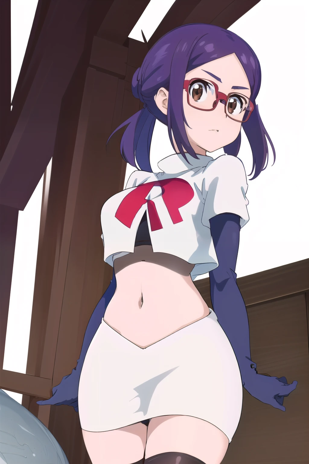 masterpiece, highres, 1girl, brown eyes,purple hair, AmiAsaiR4, glasses, portrait, (white background) , ponytail, team rocket,team rocket uniform,white skirt,red letter R,crop top,black thigh-highs,black elbow gloves