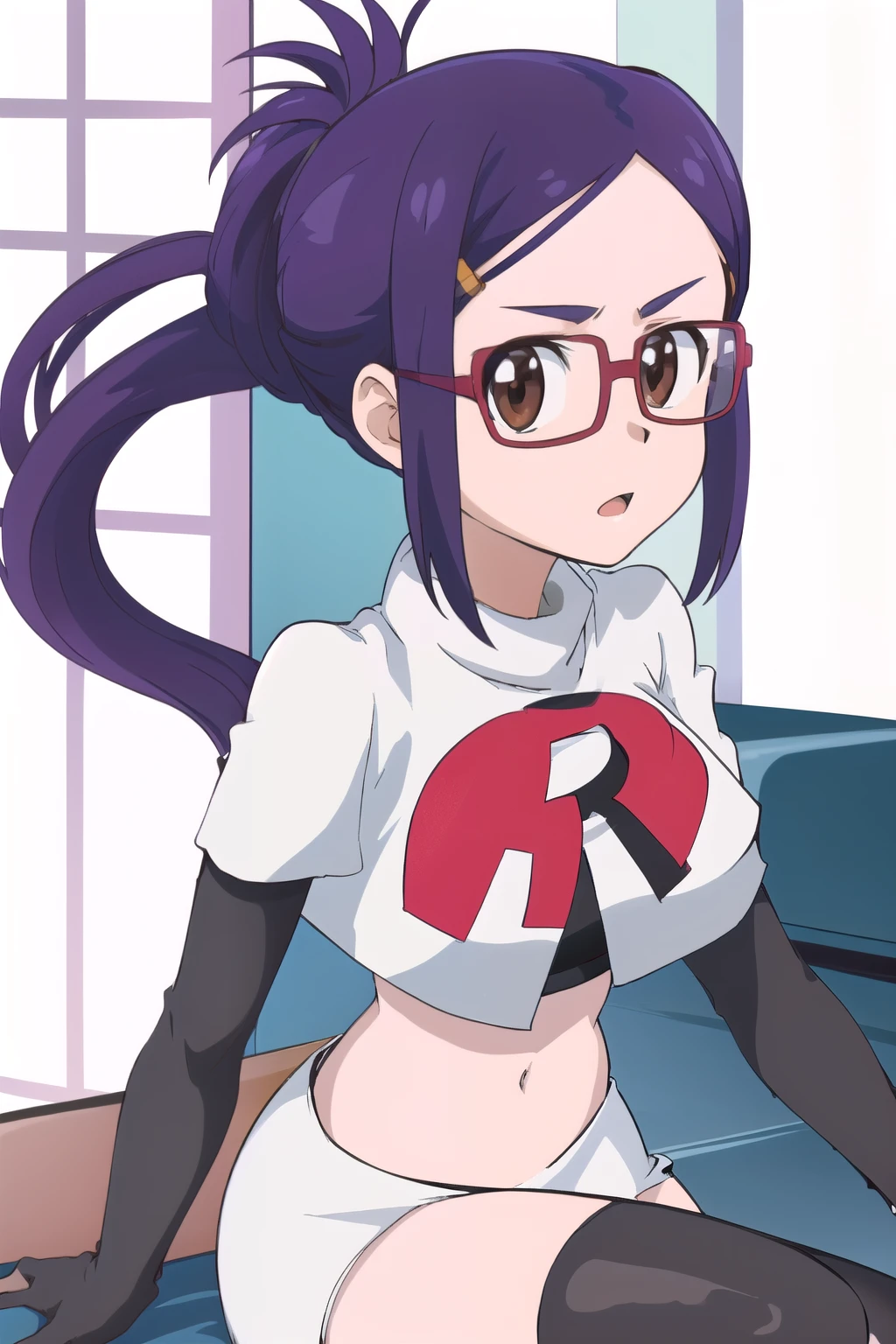 masterpiece, highres, 1girl, brown eyes,purple hair, AmiAsaiR4, glasses, portrait, (white background) , ponytail, team rocket,team rocket uniform,white skirt,red letter R,crop top,black thigh-highs,black elbow gloves
