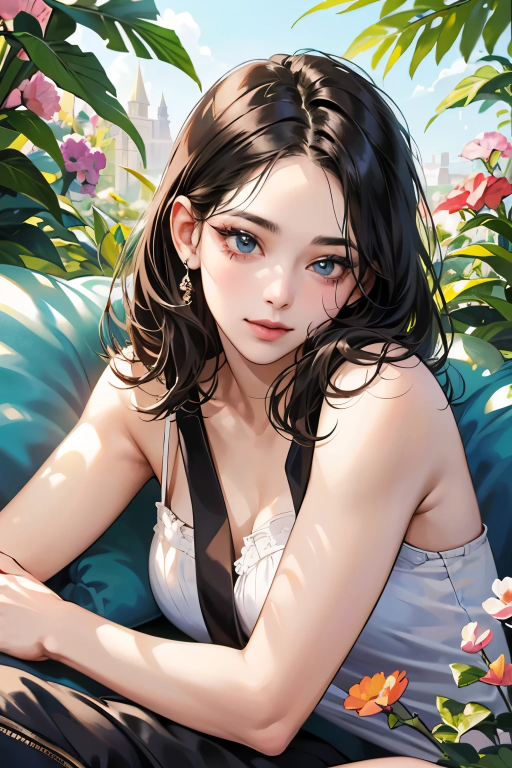 (table top, digital art, digital illustration, 4k, 8k, Super detailed, beautiful images, clear image, realistic, RAW photo, perfect face, perfect lines, perfect eyes, soft lighting) ,1 female, (long black hair,straight hair,bullish look,Beautiful woman,grace,Make up well,23 years old,:1.3),Two handsome men in suits, (human,muscular,solid shoulder width, human,boyish hairstyle,English gentleman'Style,A man in his 30s with a cool expression,28 year old man with a bright 笑顔:1.2),Show your white teeth and 笑顔(embarrassing,shy smile:1.1),garden full of light、Squirting、resort sofa、colorful flowers、couple、coupleキス、romance porn、lie down、ハグし合うcouple
