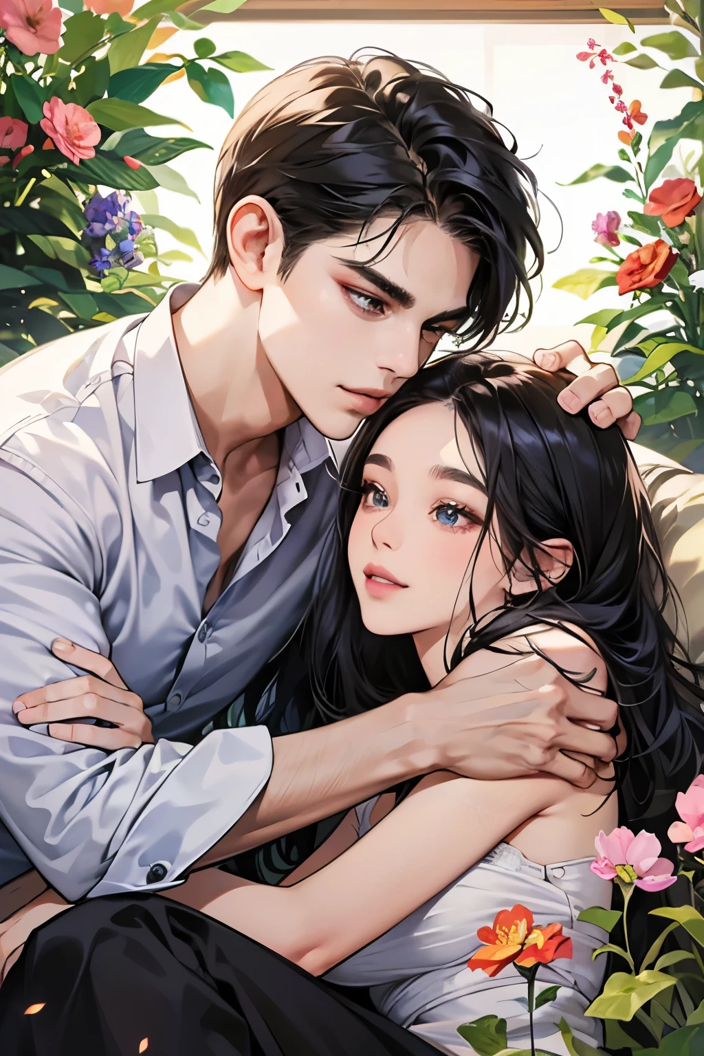 (table top, digital art, digital illustration, 4k, 8k, Super detailed, beautiful images, clear image, realistic, RAW photo, perfect face, perfect lines, perfect eyes, soft lighting) ,1 female, (long black hair,straight hair,bullish look,Beautiful woman,grace,Make up well,23 years old,:1.3),Two handsome men in suits, (human,muscular,solid shoulder width, human,boyish hairstyle,English gentleman&#39;Style,A man in his 30s with a cool expression,28 year old man with a bright 笑顔:1.2),Show your white teeth and 笑顔(embarrassing,shy smile:1.1),garden full of light、Squirting、resort sofa、colorful flowers、couple、coupleキス、romance porn、lie down、ハグし合うcouple