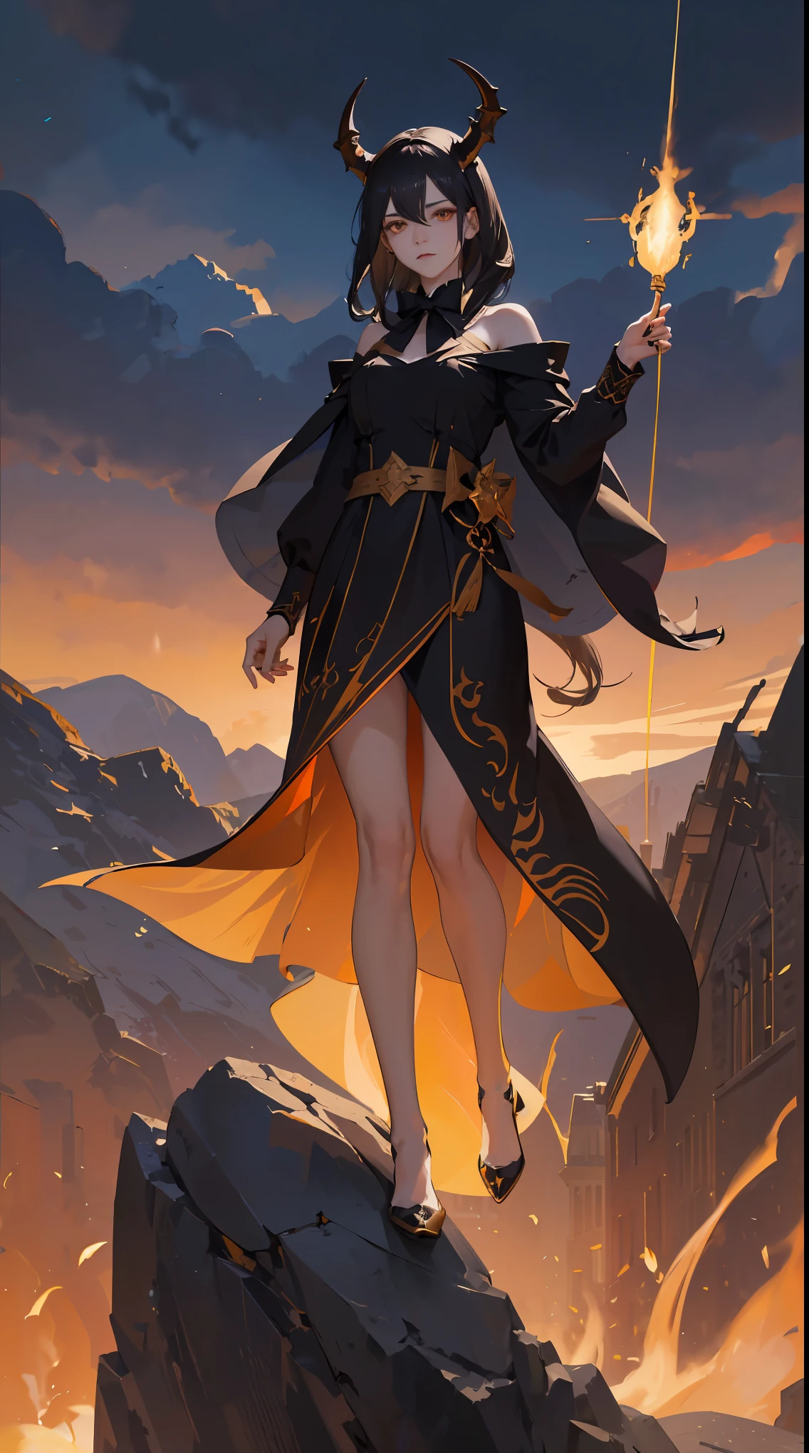 Seven Rhaeyar, Ancient Star goddess, Perfect female anatomy (Adult Female, 166cm in height, pale skin, slim, slender, 34D breast size, Dark Orange Eyes with beautiful details, Long Straight Black Hair, Beauty Mark Mole on right cheek bone, a set of black horns on her head), Neutral facial expression, Elegant white dress with black bow tie, blue coat knee length, dragon motifs, gold and rope accessories, View of the open blue sky with only clouds, receiving light from the front, Ethereal glow