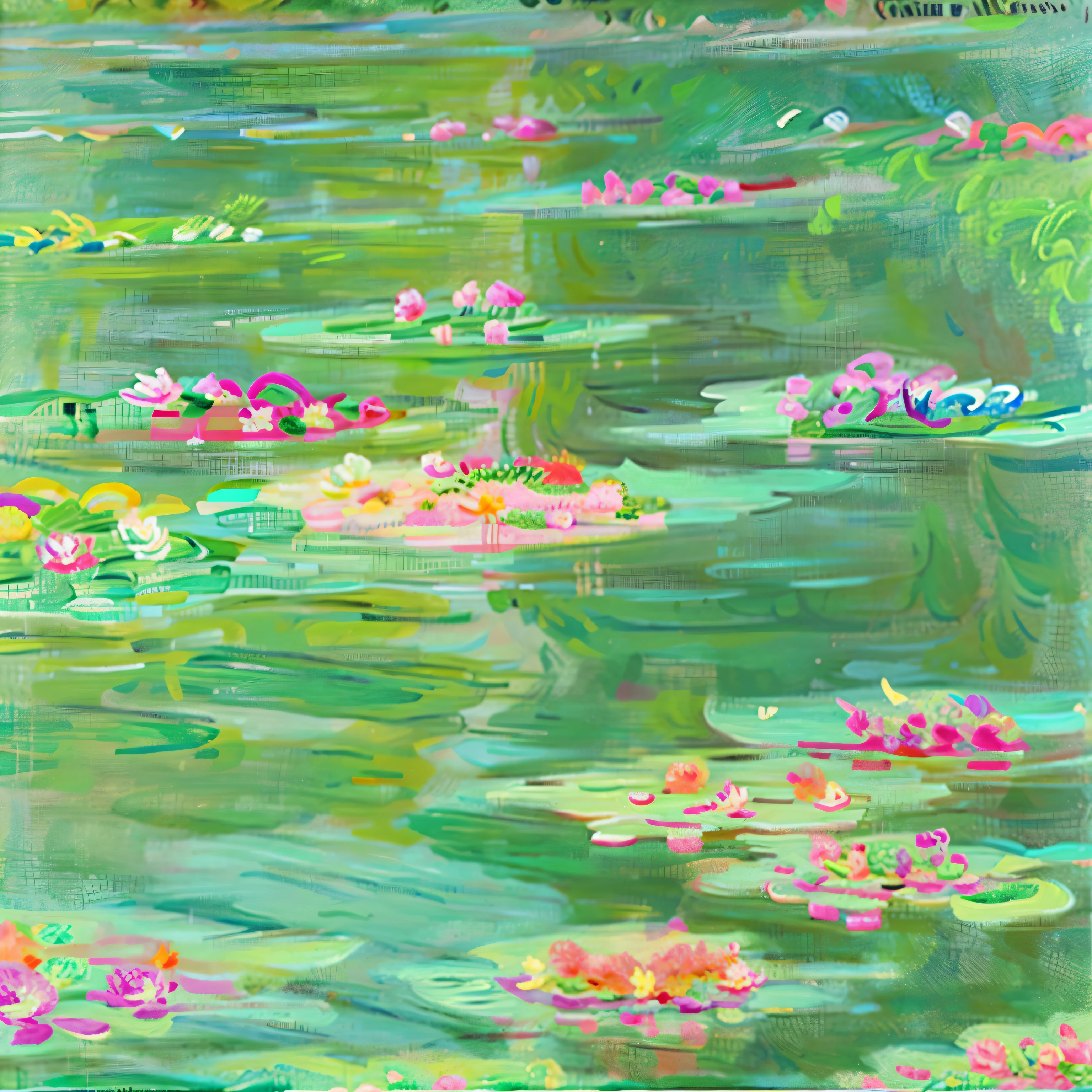 A painting with many lotus leaves of different colors, lotus leaf, 绿色的lotus leaf, lotus leaf lotus leaf池, lotus leaf pool, psychedelic vegetation, 有lotus leaf的池塘,  plants growing on it. Gouache, Alpine pond with many lotus leaves, 以Gouache呈现, author：David Brewster, Detailed digital illustrations，Pointillism，Pointillism，Pointillism，Impressionism，many，8k，best quality，high resolution，smooth lines