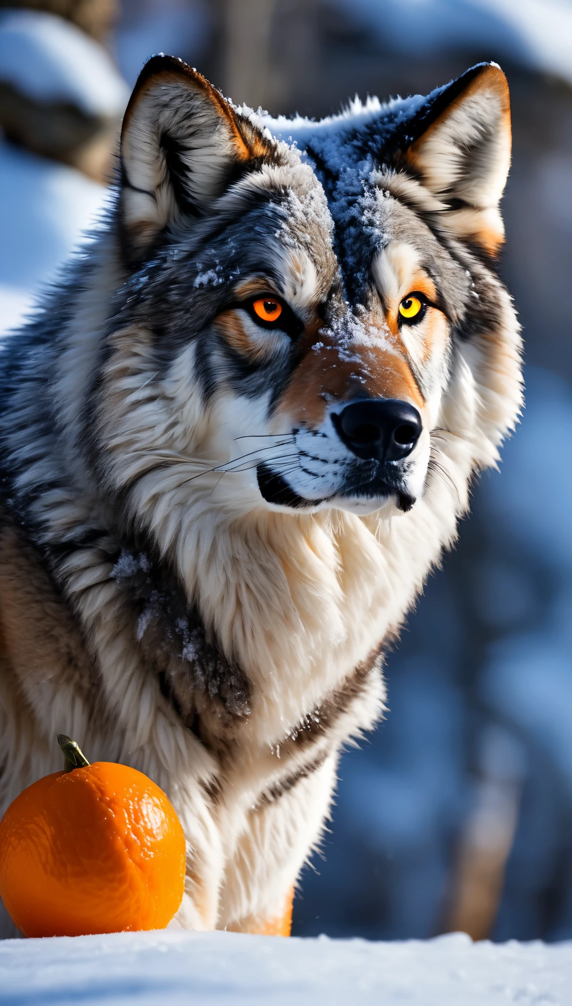 lobo cinza de olho laranja na neve gelo