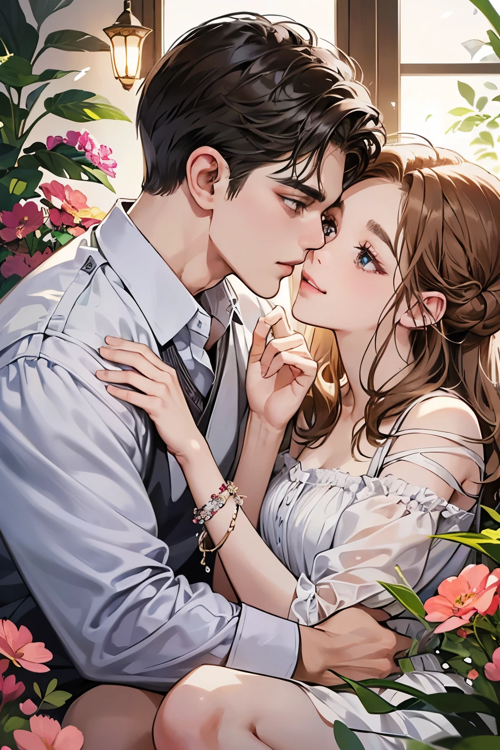 (table top, digital illustration, 4k, 8k, Super detailed, beautiful images, clear image, perfect face, perfect lines, perfect eyes, soft lighting) 1 female, (light brown hair,chignon hair,innocent look,droopy eyebrows,droopy eyes、With a round face,round chin、innocence,cute,Big eyes,natural makeup,smile gently,E cup,23 years old:1.3),Two handsome men in suits, (human,man in suit,muscular,solid shoulder width, boyish hairstyle,A man in his 30s with a cool expression,28 year old man with a bright smile:1.2),garden full of light、lots of flowers、Squirting、colorful flower light,(embarrassing,shy smile:1.2),resort sofa,kiss、カップルkiss、romance porn、couple of man and woman hugging each other、