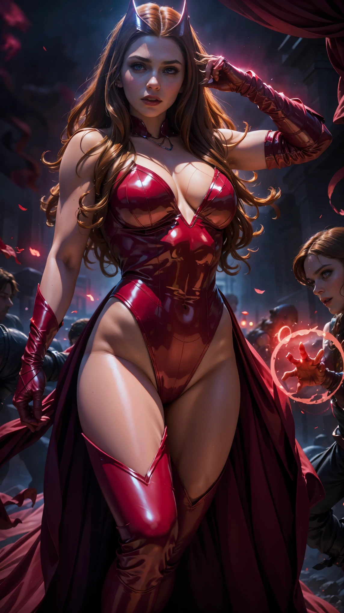 best quality,ultra-detailed,realistic,sexy scarlet witch,beautiful detailed eyes, beautiful detailed lips, long red hair, witch costume, glowing magical powers, intense gaze, confident posture, dark and mysterious background, vibrant colors, enchanting art style, dramatic lighting