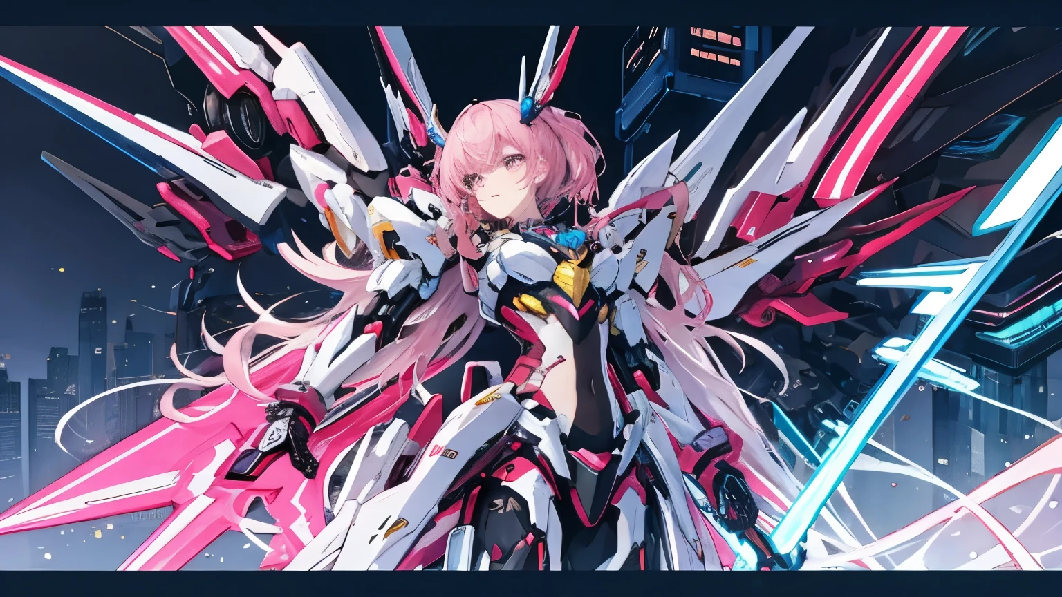 1 garota, cabelo longo rosa, coques dos 2 lados, olhos totalmente pretos, olhar sombrio, rindo, rage, feroz, pose de batalha, curvas leves, arma mecha cor rosa, detalhes, armadura mecha cor rosa, segurando pink mechanical sword, pink mechanical sword, fundo dark, detalhes, 8k,