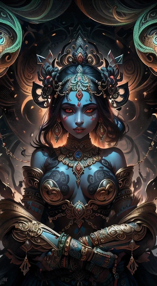"Produce an image of the goddess Kali with the following specifications: vertical dimensions of 1080px by 1920px, maintaining the original image of the goddess Kali with a realistic and high-quality touch. Add a mystical and transcendental background, with subtle geometric textures. Ensure that the goddess Kali is centered in the image and that her presence is imposing and powerful. Utilize vibrant and contrasting colors to highlight her energy and divinity. Please ensure that the final image is cohesive and conveys the powerful and mysterious aura of the goddess Kali.