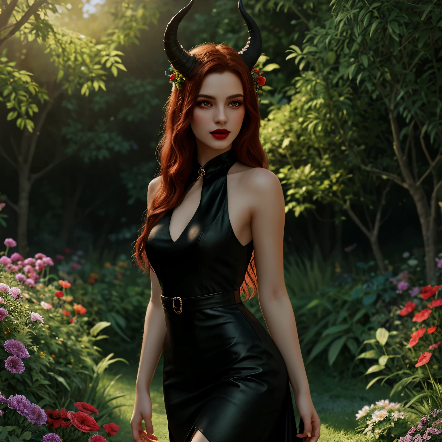 a pretty female tiefling with two big devil horns on head, red eyes, full body,detailed eyes, detailed lips, long eyelashes,beautiful skin, unique facial features,dark lipstick,fire-red hair, wearing a stylish and elegant black dress, standing in a lush green garden surrounded by vibrant flowers, sunlight casting a warm glow on her face, artistic illustration, high-resolution (best quality, 4k, highres), ultra-detailed, realistic, fantasy art style, vibrant colors, soft and ethereal lighting.