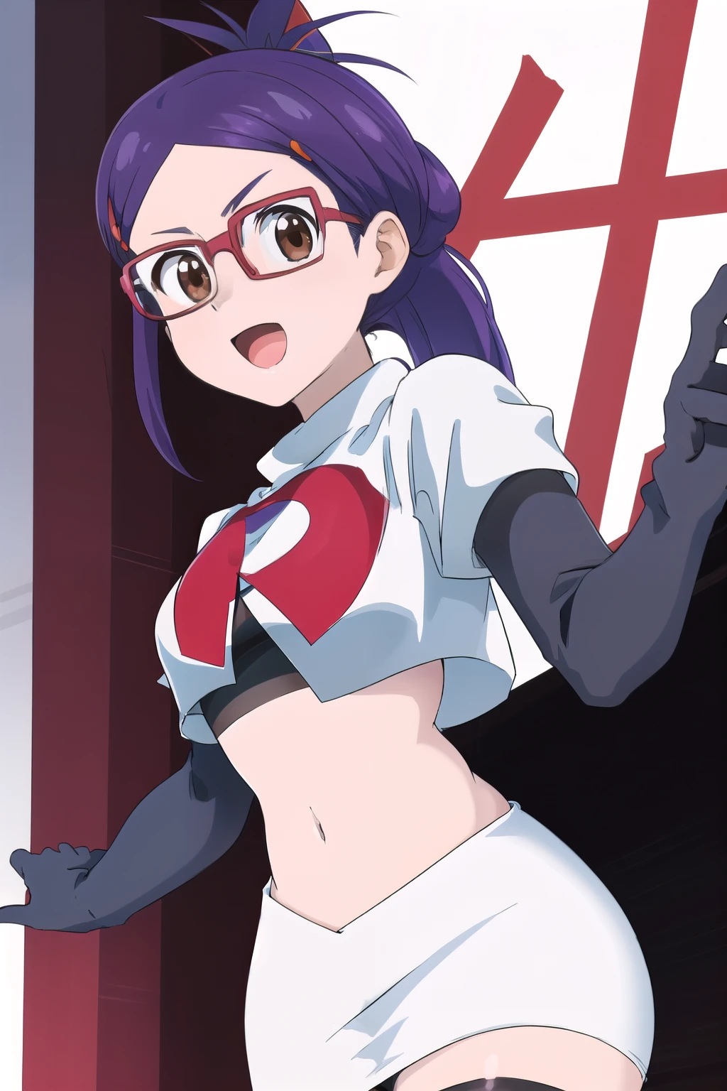 masterpiece, highres, 1girl, brown eyes,purple hair, AmiAsaiR4, glasses, portrait, (white background) , ponytail, team rocket,team rocket uniform,white skirt,red letter R,crop top,black thigh-highs,black elbow gloves