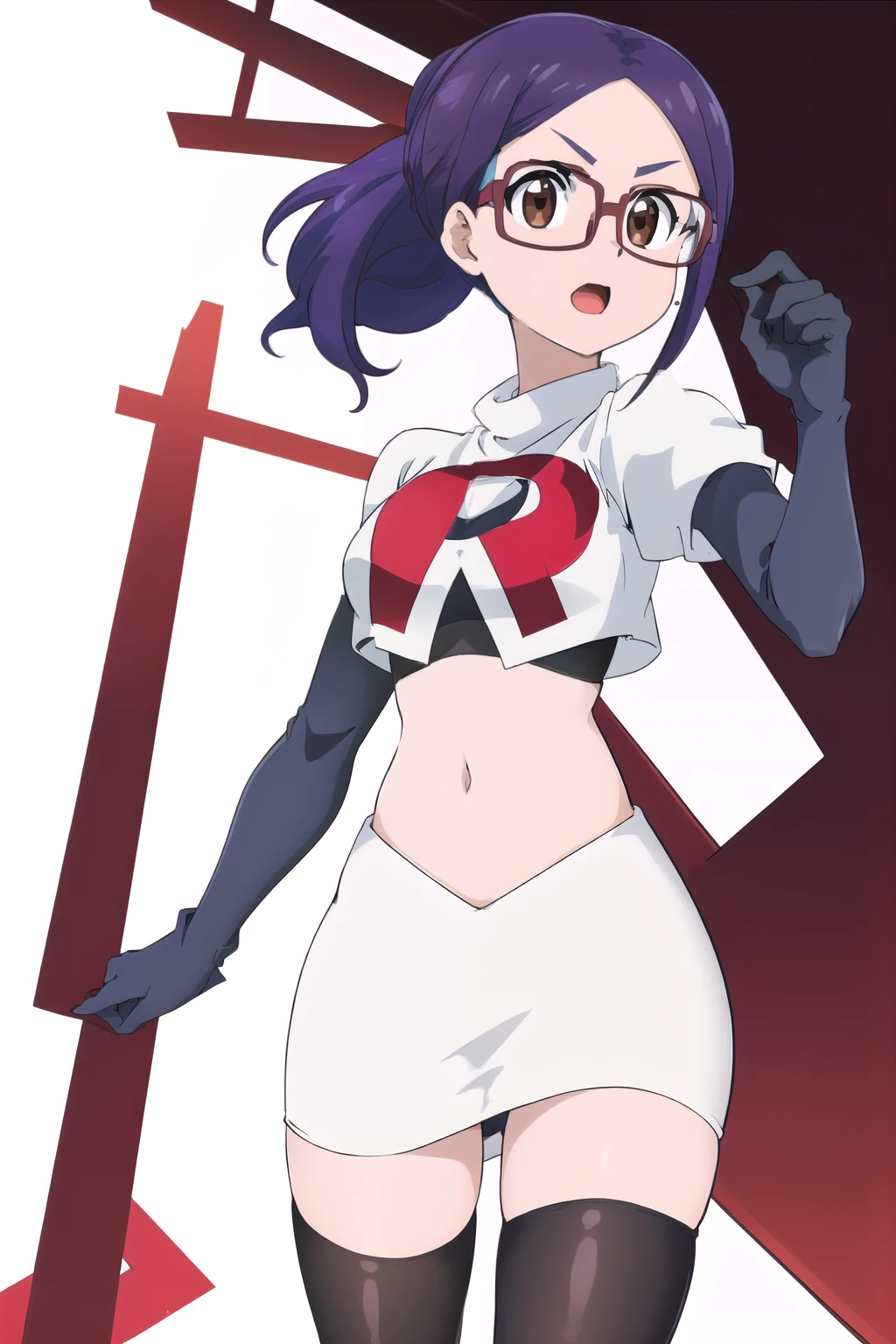 masterpiece, highres, 1girl, brown eyes,purple hair, AmiAsaiR4, glasses, portrait, (white background) , ponytail, team rocket,team rocket uniform,white skirt,red letter R,crop top,black thigh-highs,black elbow gloves