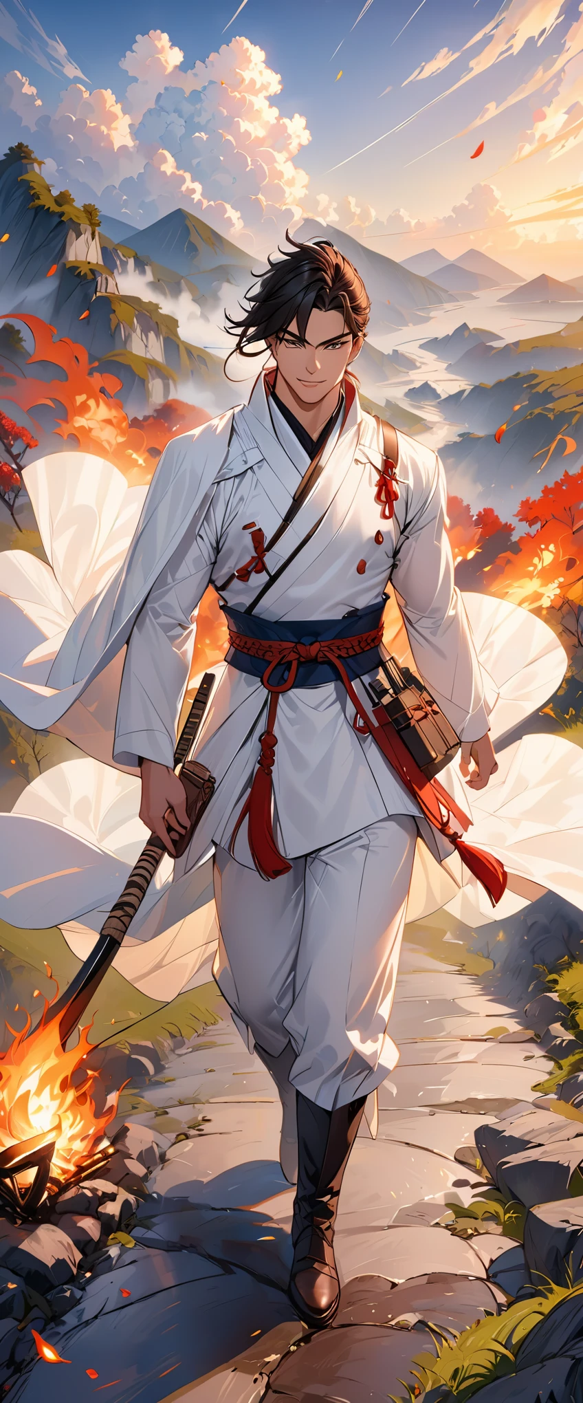 muscular man, alone, white trench coat, White trousers, white hair, Black hair, Looks like Japanese, Ryukaku, Violet combat boots, smile, dark brown eyes, fantasy landscape, Walk through the dark fire.