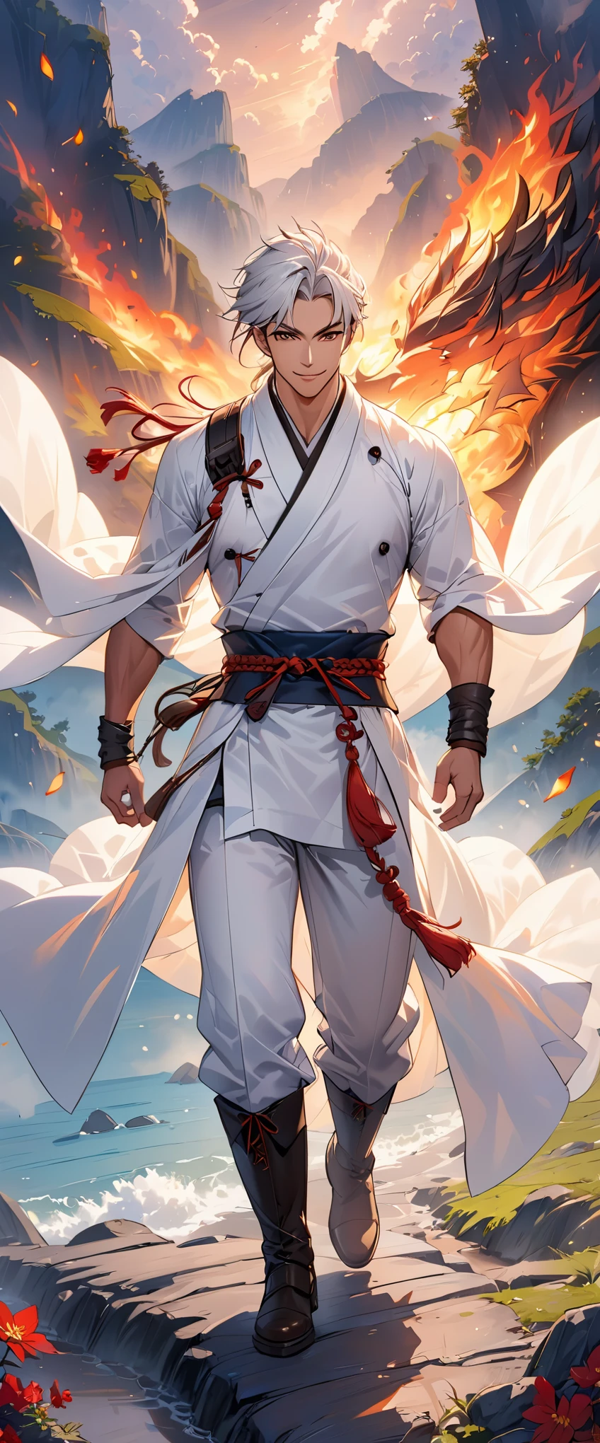 Takeminakata-no-kami、I have a sword。High resolution、High resolution、8k、The background is a lake。Masterpiece 2:1、A good-looking male god。It's a blue kimono。