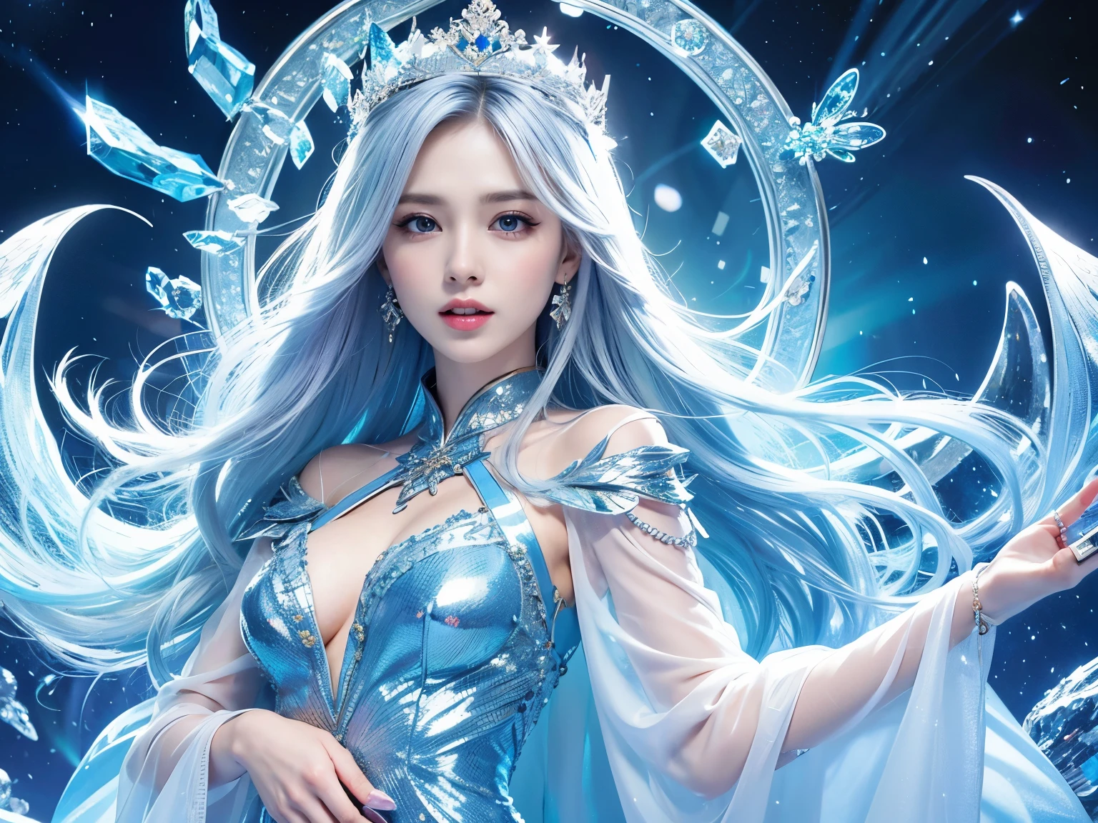 ( absurdly , high quality , Super detailed,(See photographer )、Ice Queen,Crystal costume with detailed, beautiful and colorful patterns,ice queen,ice World,fantasy palace of god
